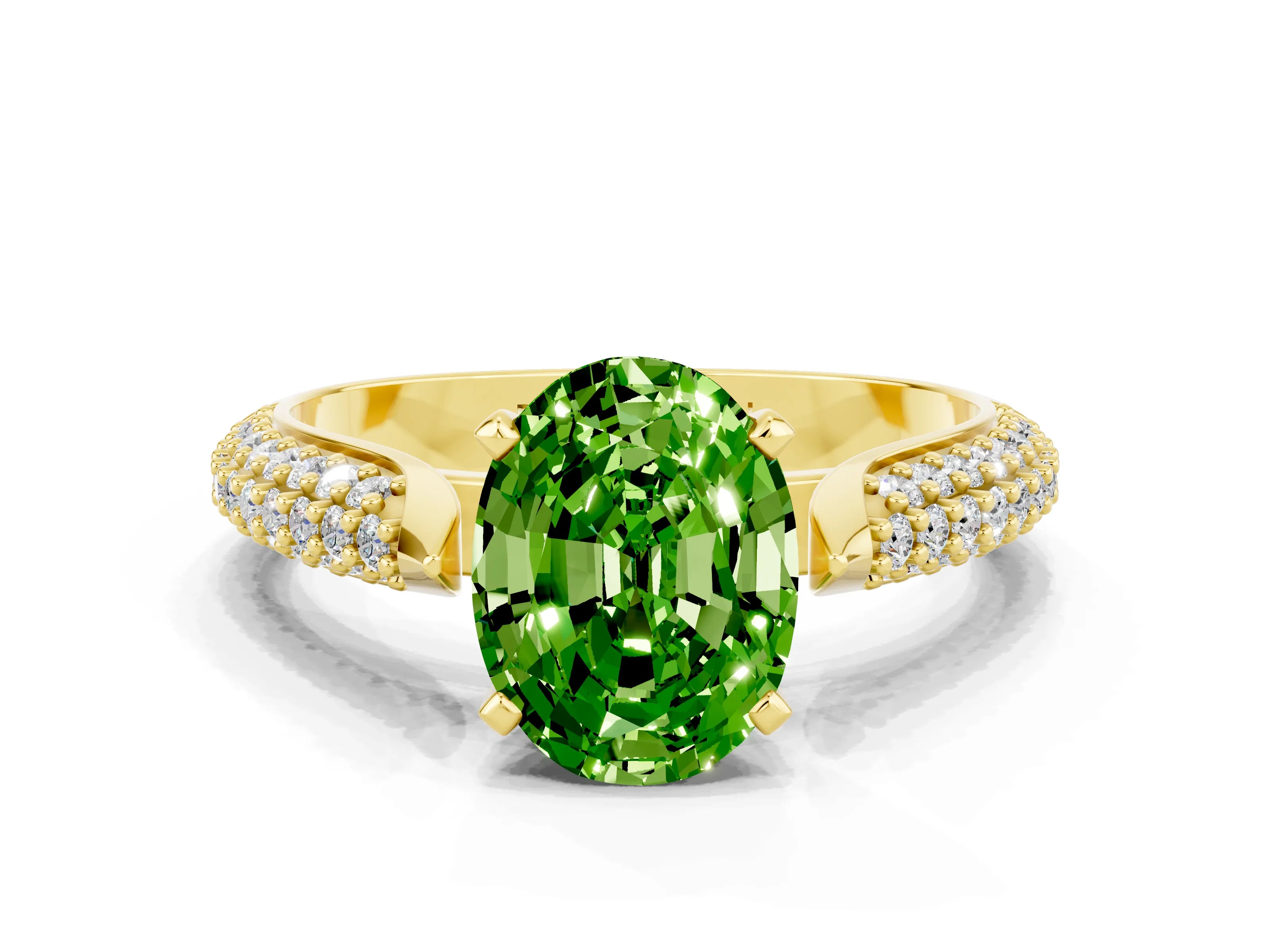 Yellow gold Oval Cut Diamond Solitaire Engagement Ring with Pavé Band and Four-Prong Setting
