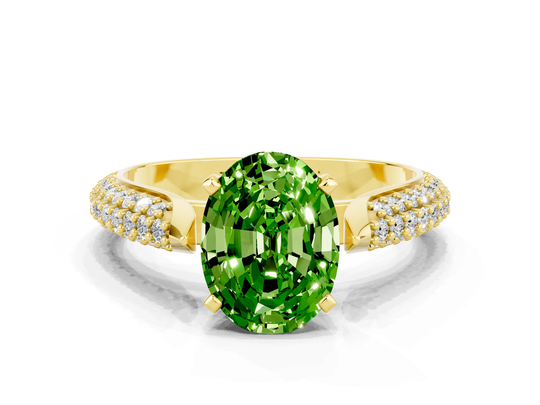 Yellow gold Oval Cut Diamond Solitaire Engagement Ring with Pavé Band and Four-Prong Setting