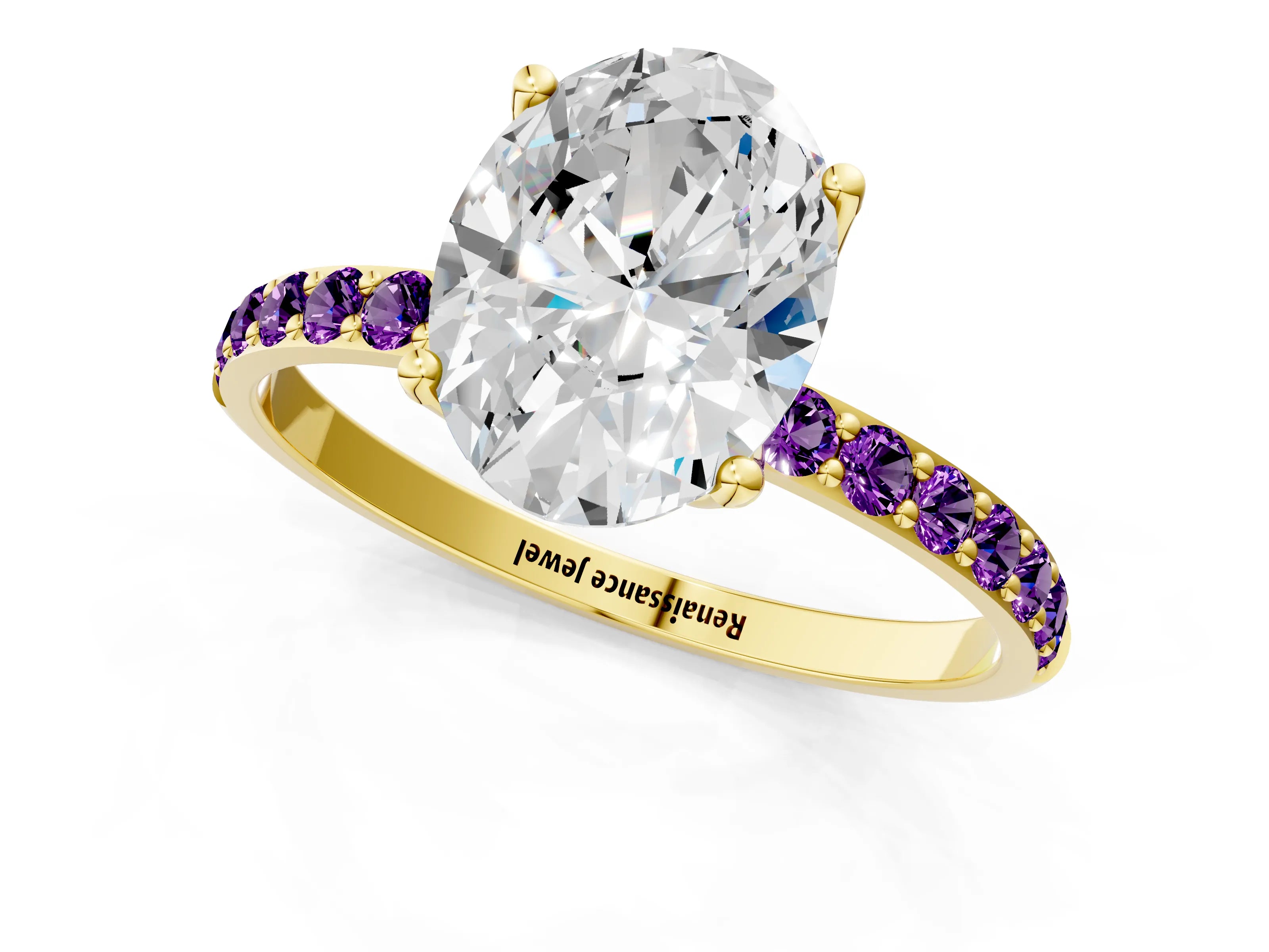 Yellow gold Oval Cut Diamond Solitaire Engagement Ring with Round with Amethyst side stone Pavé Band and Prong Setting_1