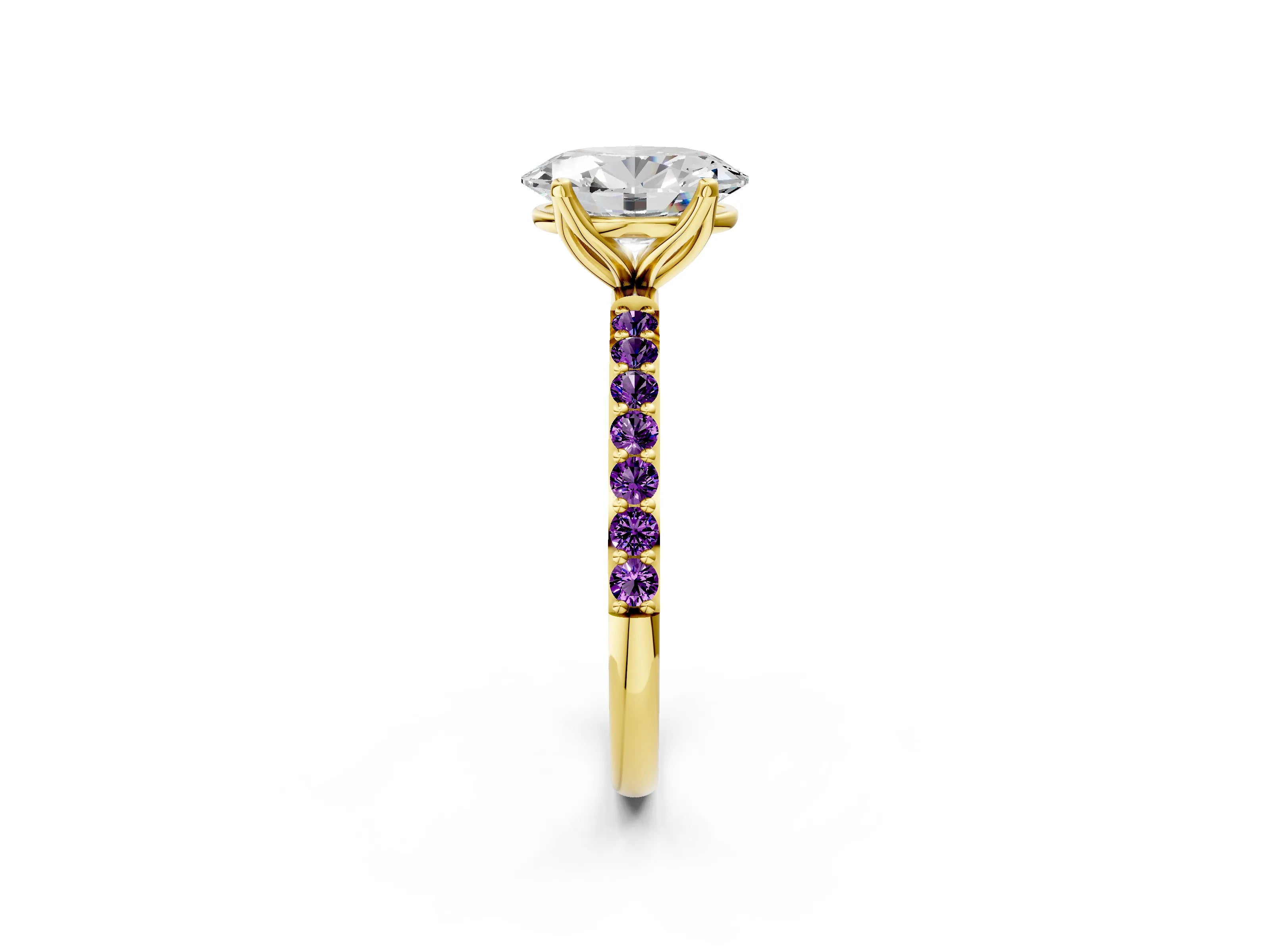 Yellow gold Oval Cut Diamond Solitaire Engagement Ring with Round with Amethyst side stone Pavé Band and Prong Setting_2