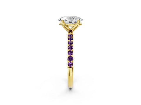 Yellow gold Oval Cut Diamond Solitaire Engagement Ring with Round with Amethyst side stone Pavé Band and Prong Setting_2