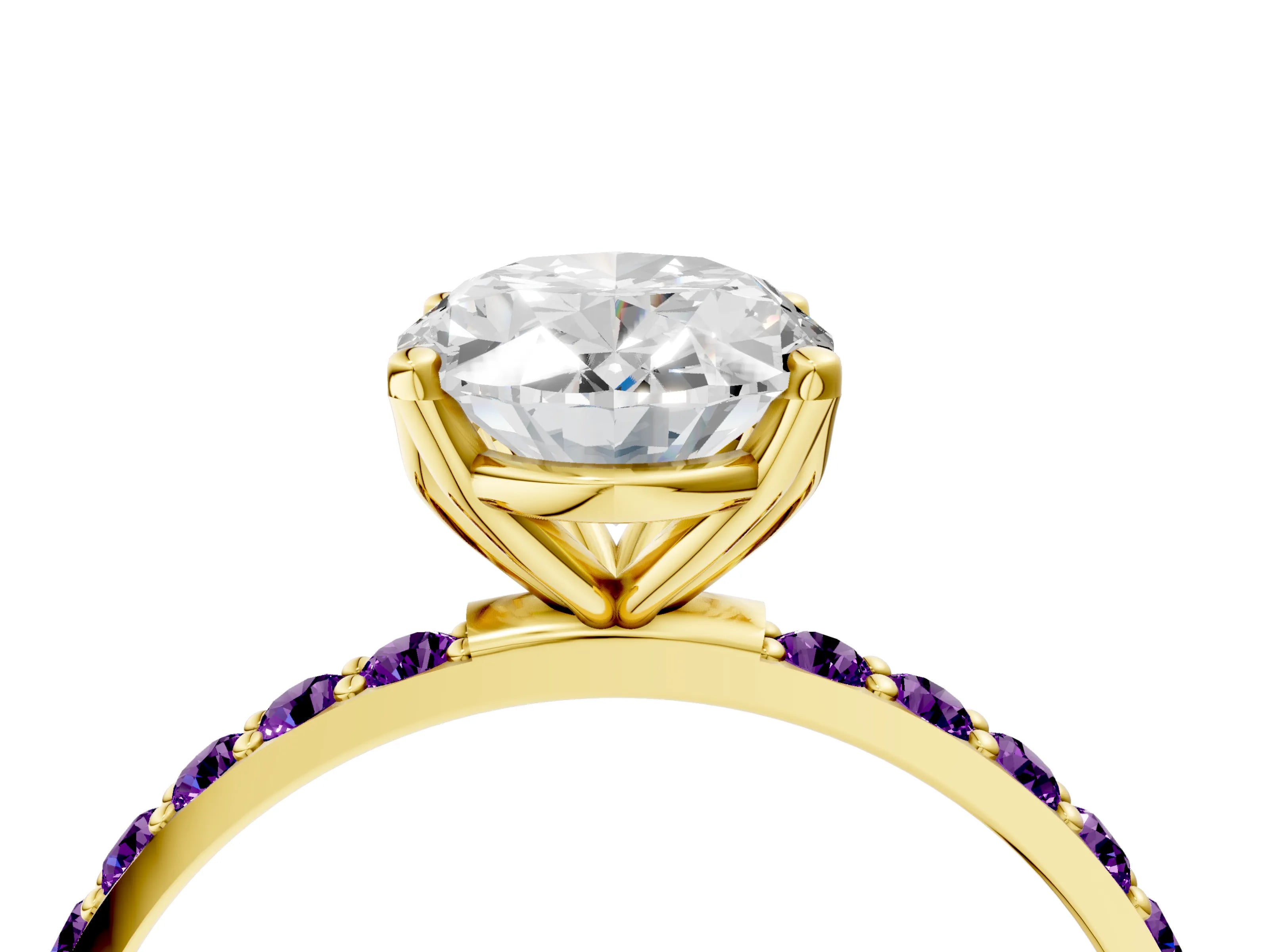 Yellow gold Oval Cut Diamond Solitaire Engagement Ring with Round with Amethyst side stone Pavé Band and Prong Setting_4