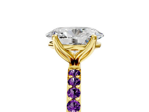 Yellow gold Oval Cut Diamond Solitaire Engagement Ring with Round with Amethyst side stone Pavé Band and Prong Setting_5
