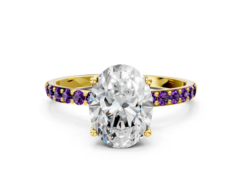 Yellow gold Oval Cut Diamond Solitaire Engagement Ring with Round with Amethyst side stone Pavé Band and Prong Setting