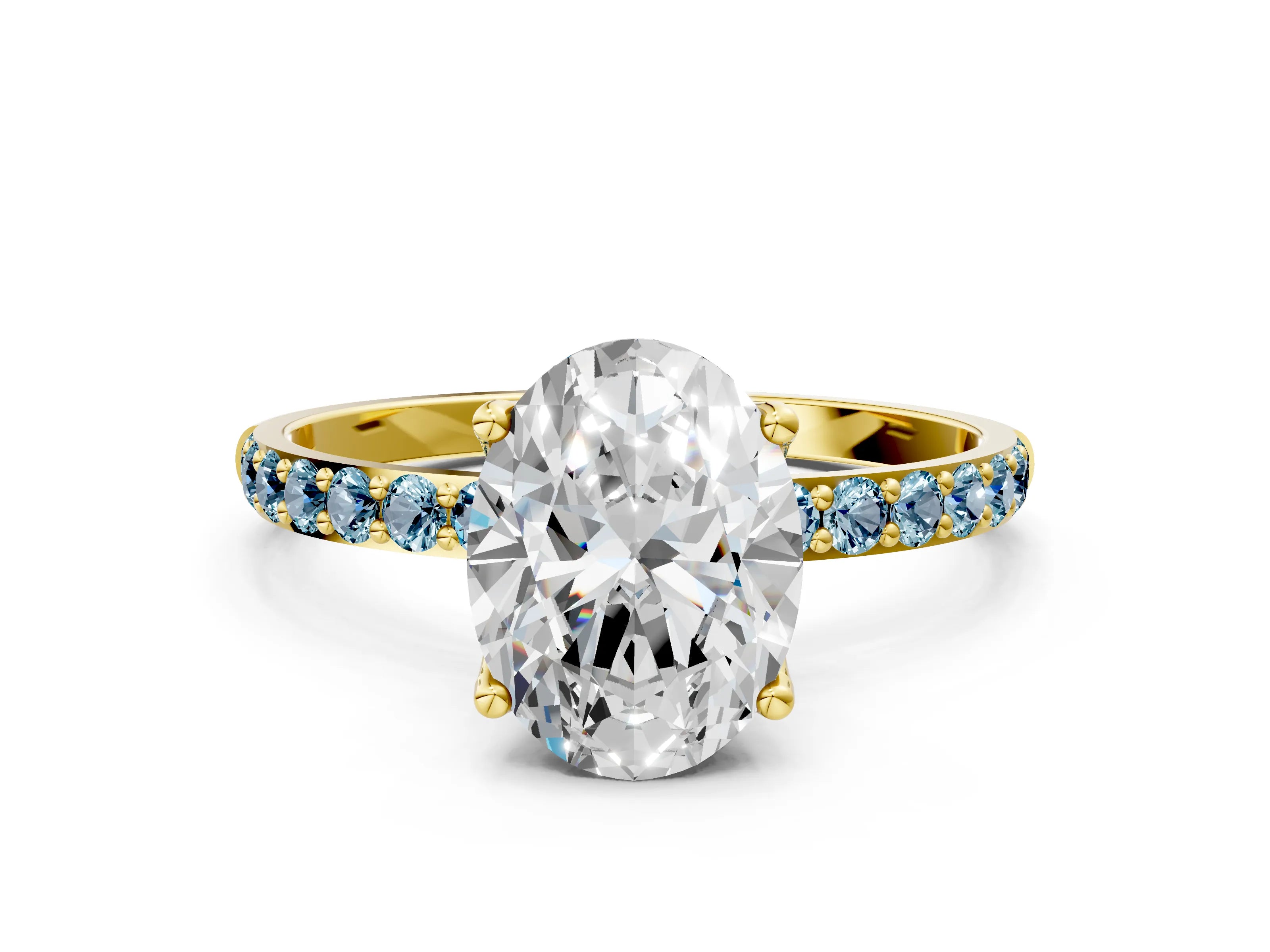 Yellow gold Oval Cut Diamond Solitaire Engagement Ring with Round with Aquamarine side stone Pavé Band and Prong Setting