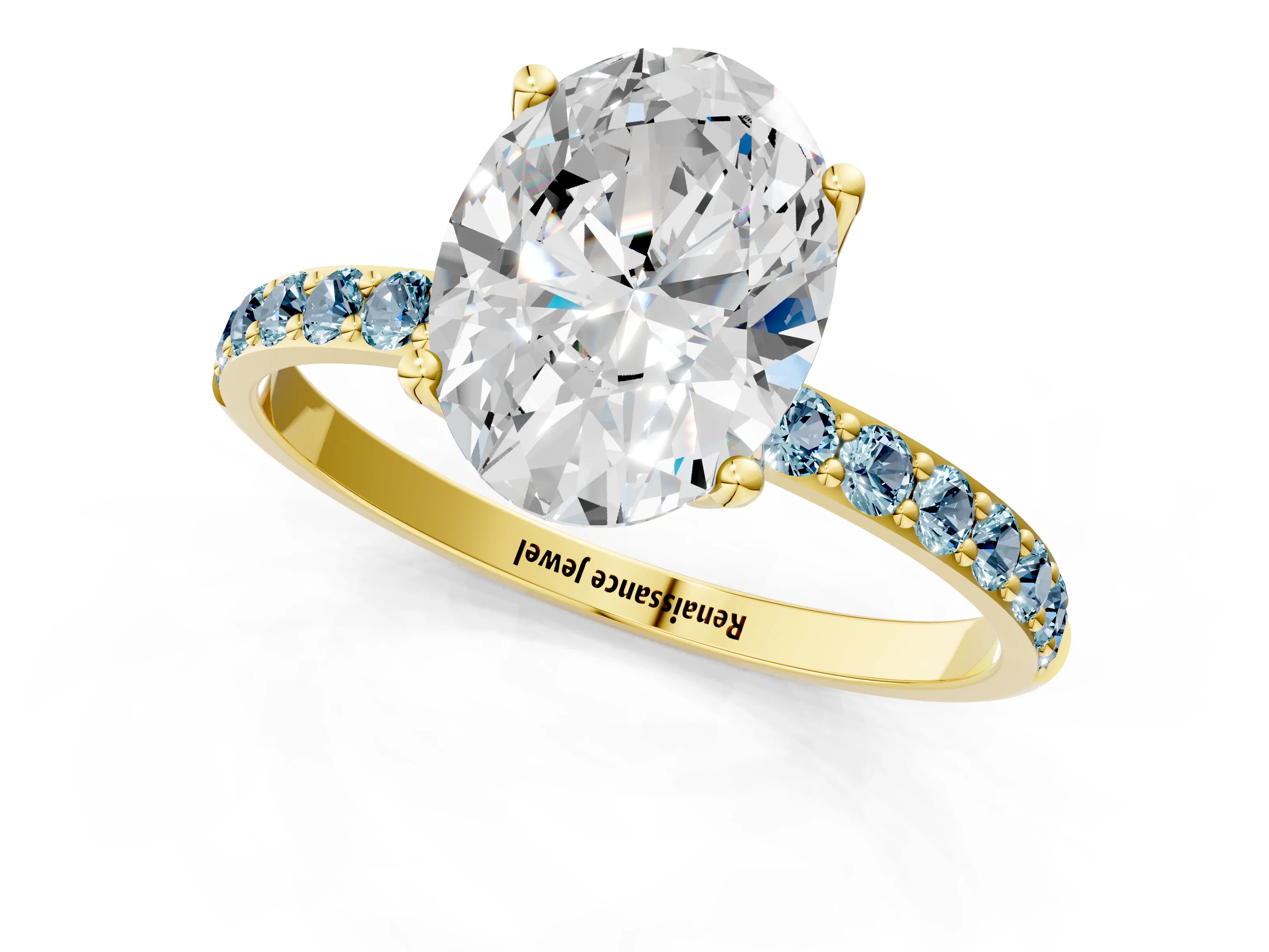 Yellow gold Oval Cut Diamond Solitaire Engagement Ring with Round with Aquamarine side stone Pavé Band and Prong Setting_1