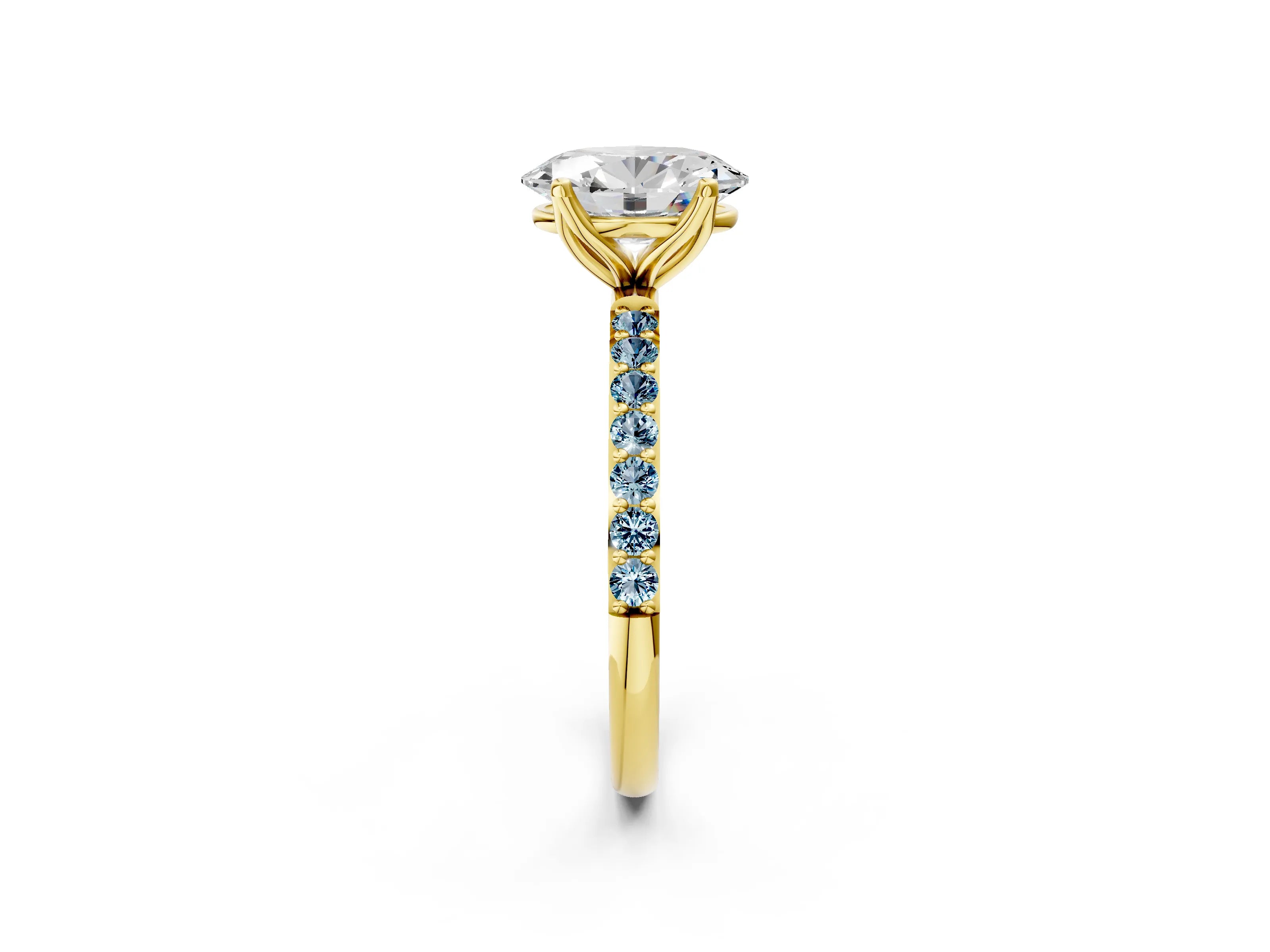 Yellow gold Oval Cut Diamond Solitaire Engagement Ring with Round with Aquamarine side stone Pavé Band and Prong Setting_2