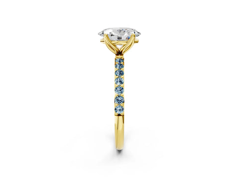 Yellow gold Oval Cut Diamond Solitaire Engagement Ring with Round with Aquamarine side stone Pavé Band and Prong Setting_2