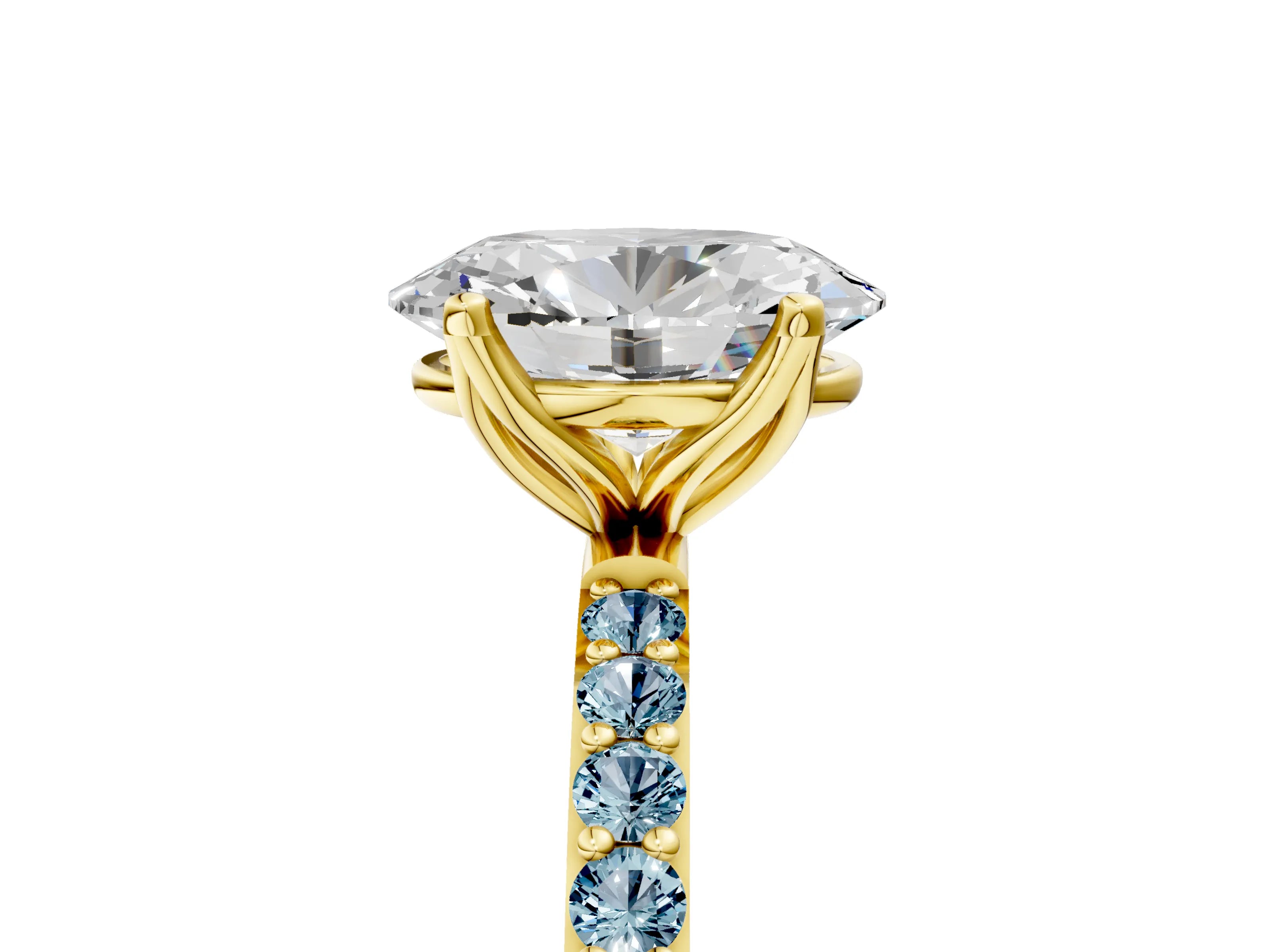 Yellow gold Oval Cut Diamond Solitaire Engagement Ring with Round with Aquamarine side stone Pavé Band and Prong Setting_5