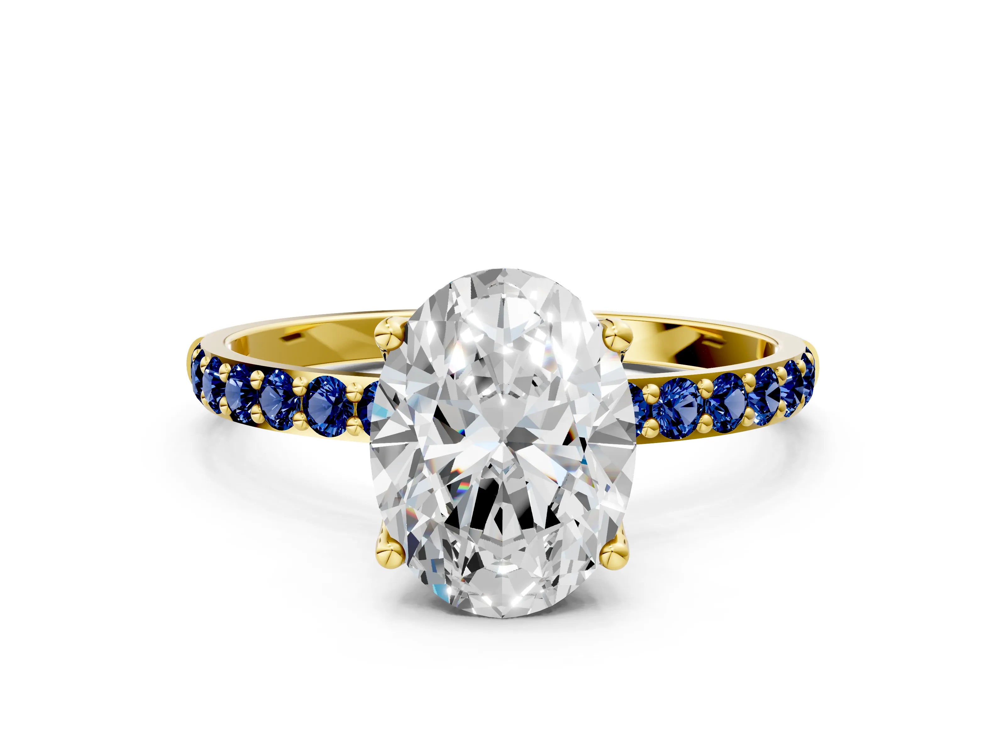 Yellow gold Oval Cut Diamond Solitaire Engagement Ring with Round with Blue Sapphire side stone Pavé Band and Prong Setting