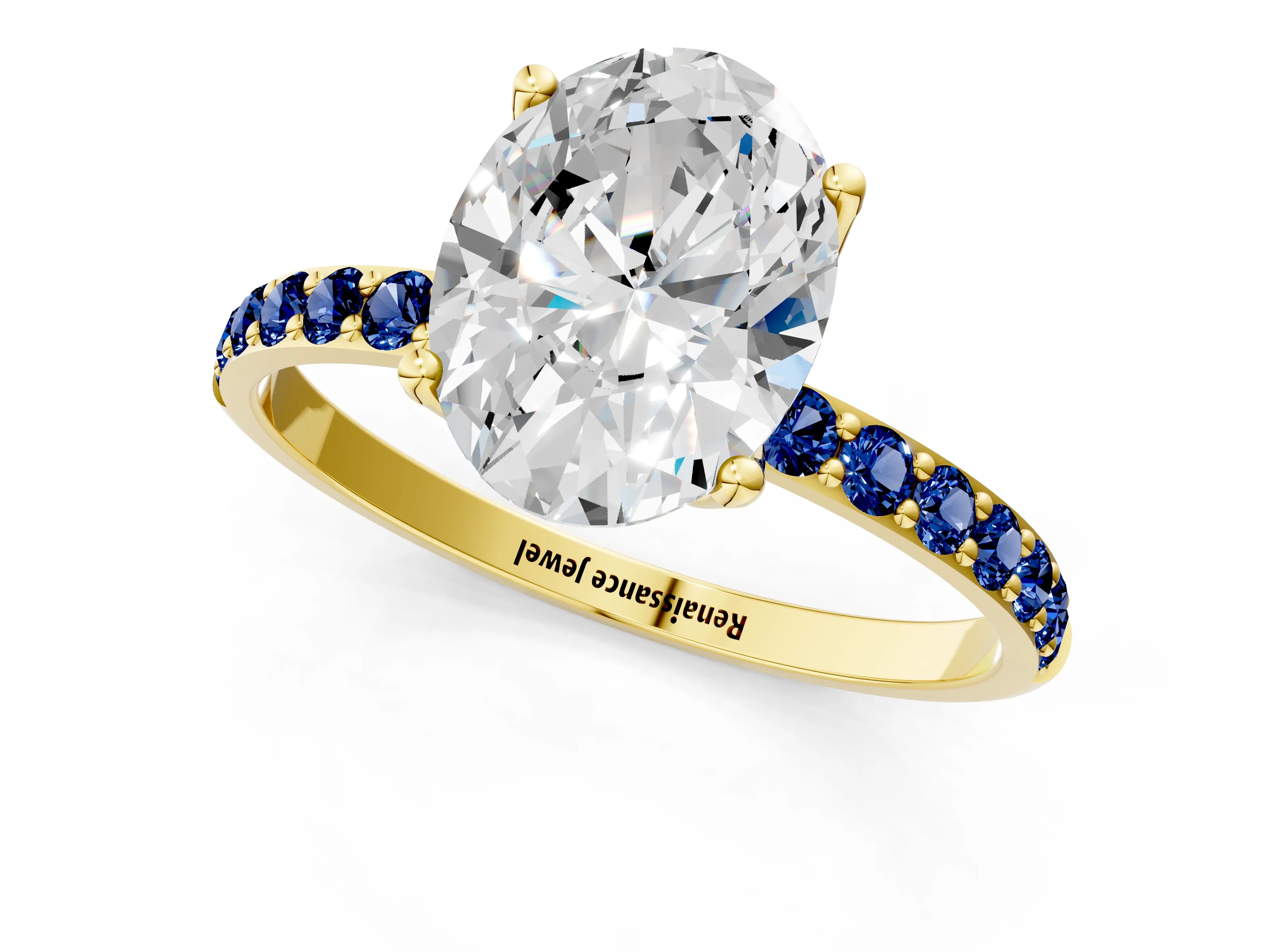 Yellow gold Oval Cut Diamond Solitaire Engagement Ring with Round with Blue Sapphire side stone Pavé Band and Prong Setting_1