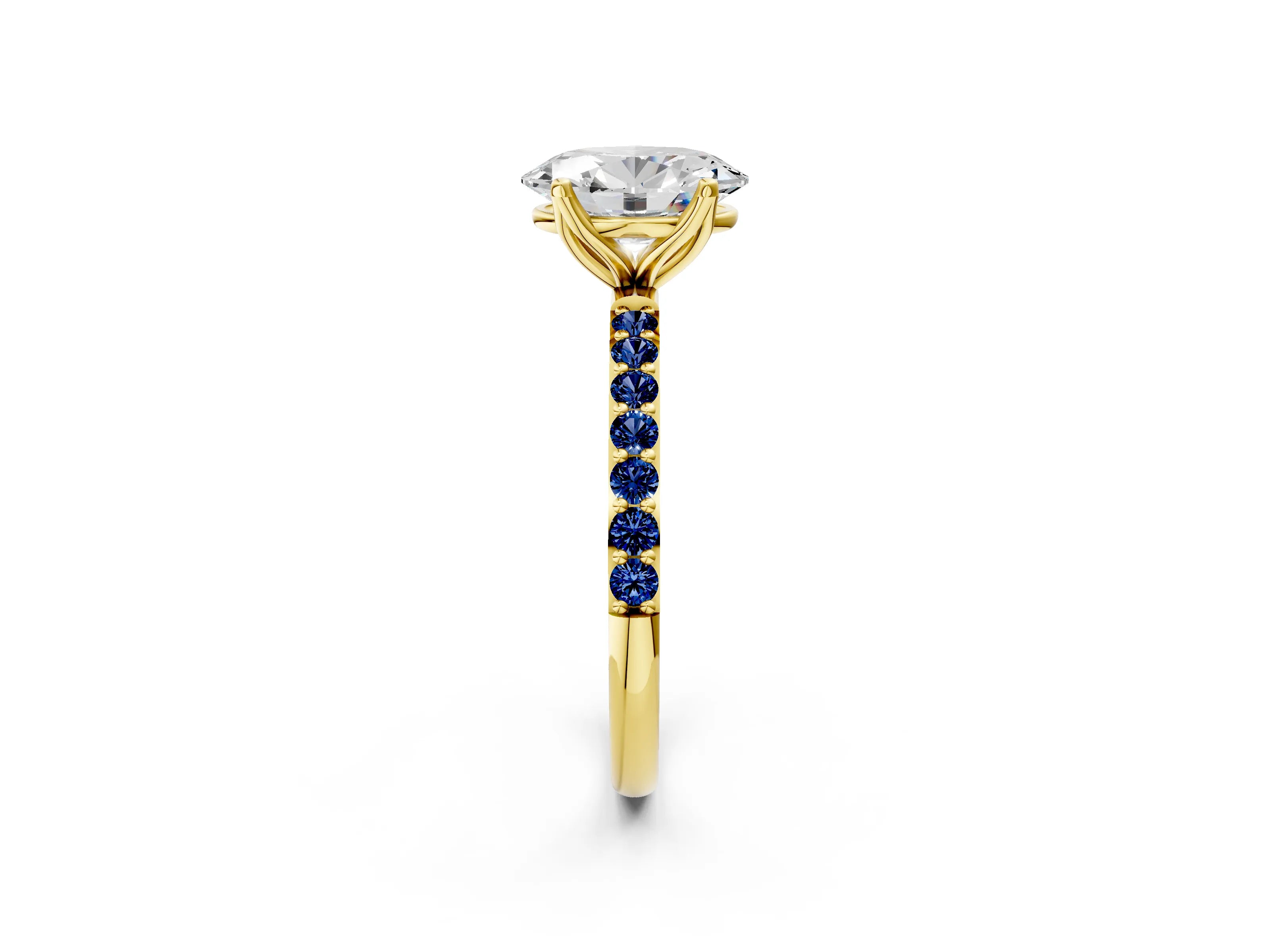 Yellow gold Oval Cut Diamond Solitaire Engagement Ring with Round with Blue Sapphire side stone Pavé Band and Prong Setting_2