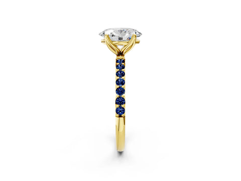 Yellow gold Oval Cut Diamond Solitaire Engagement Ring with Round with Blue Sapphire side stone Pavé Band and Prong Setting_2