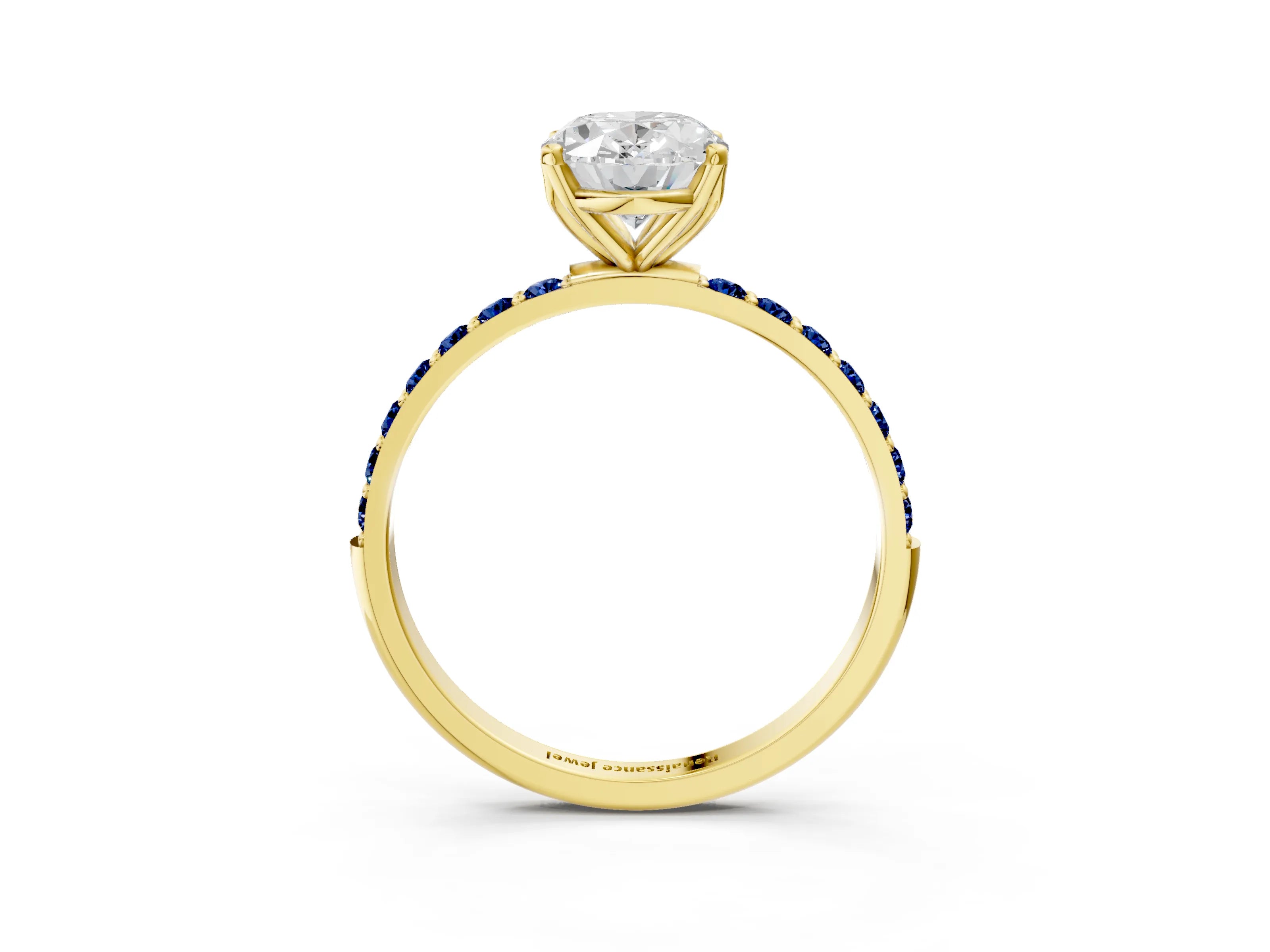 Yellow gold Oval Cut Diamond Solitaire Engagement Ring with Round with Blue Sapphire side stone Pavé Band and Prong Setting_3