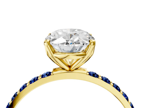 Yellow gold Oval Cut Diamond Solitaire Engagement Ring with Round with Blue Sapphire side stone Pavé Band and Prong Setting_4