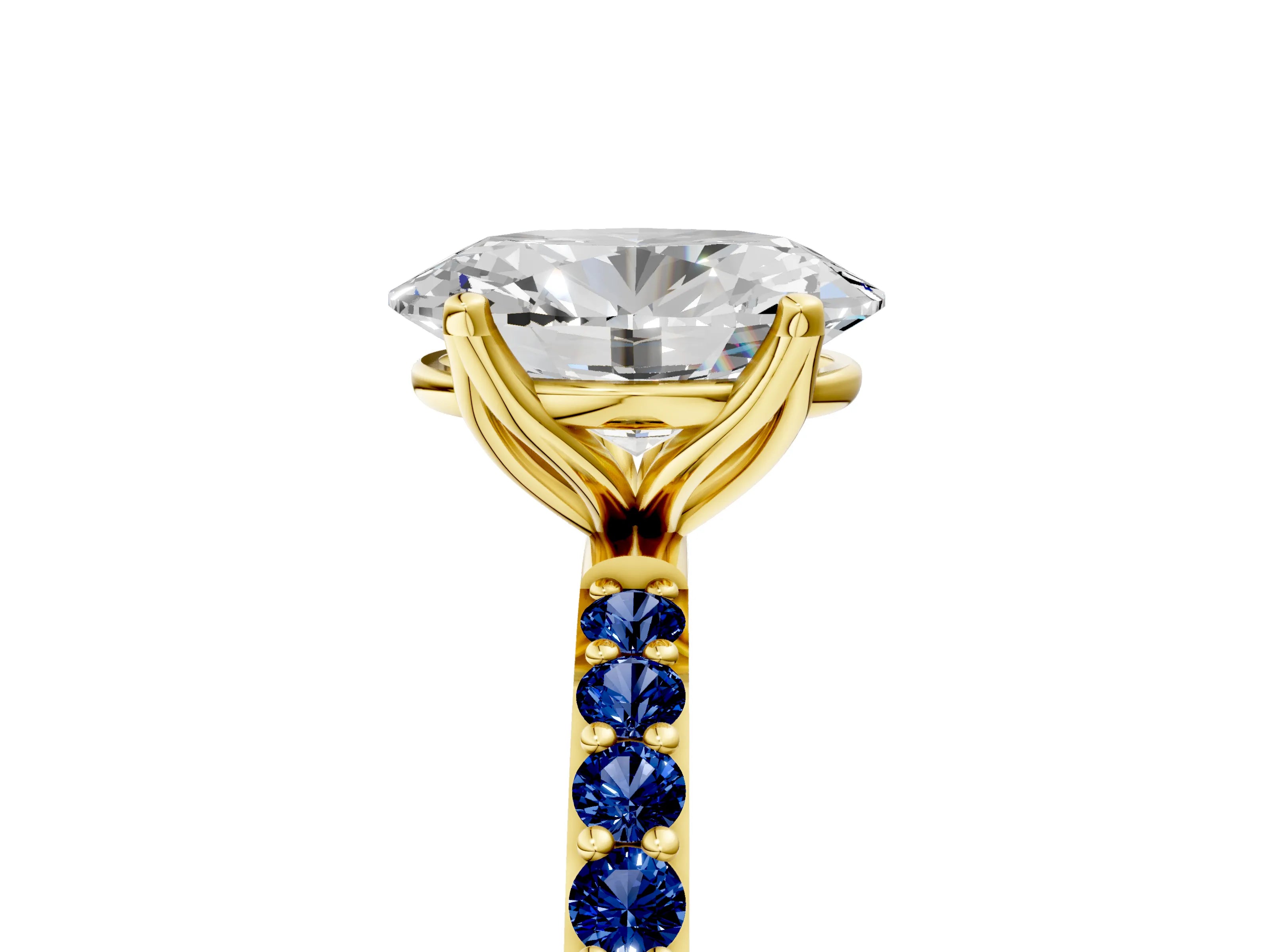 Yellow gold Oval Cut Diamond Solitaire Engagement Ring with Round with Blue Sapphire side stone Pavé Band and Prong Setting_5