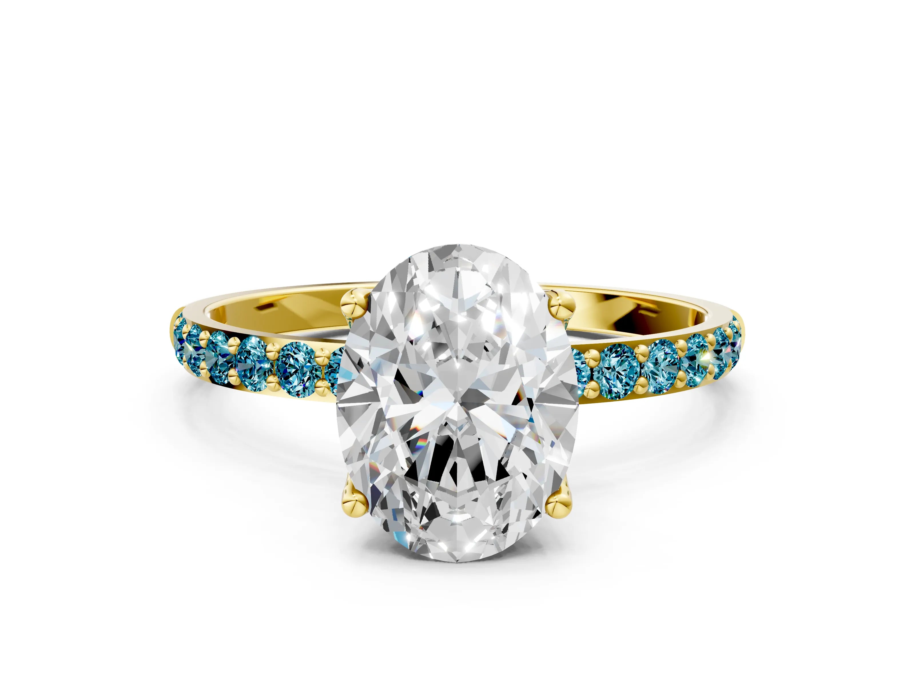 Yellow gold Oval Cut Diamond Solitaire Engagement Ring with Round with Blue Topaz side stone Pavé Band and Prong Setting