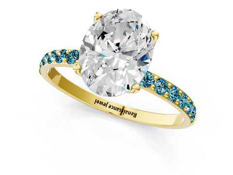 Yellow gold Oval Cut Diamond Solitaire Engagement Ring with Round with Blue Topaz side stone Pavé Band and Prong Setting_1