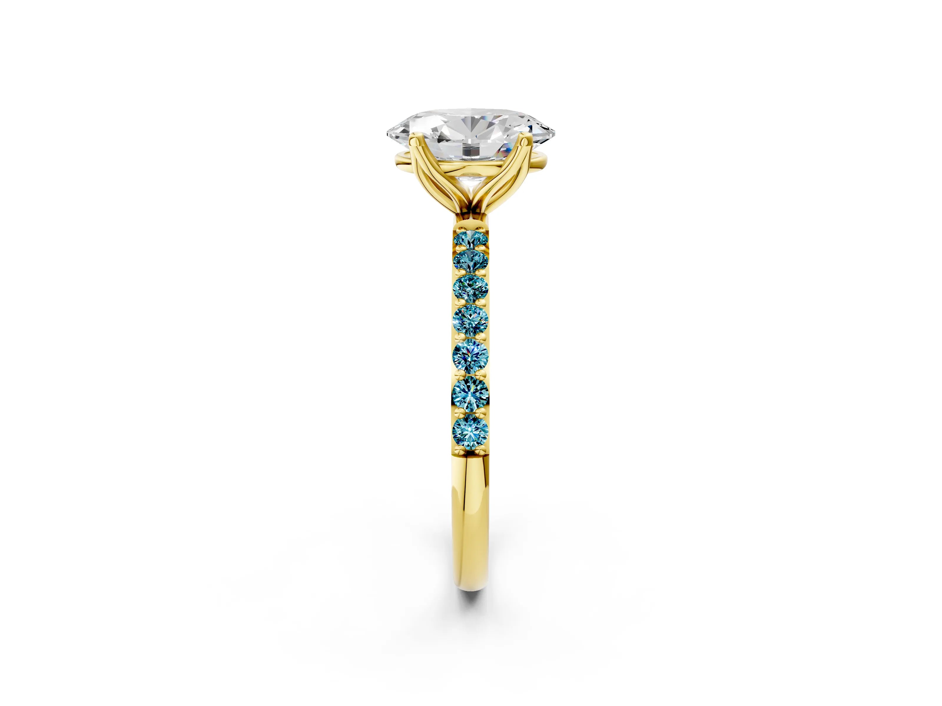 Yellow gold Oval Cut Diamond Solitaire Engagement Ring with Round with Blue Topaz side stone Pavé Band and Prong Setting_2