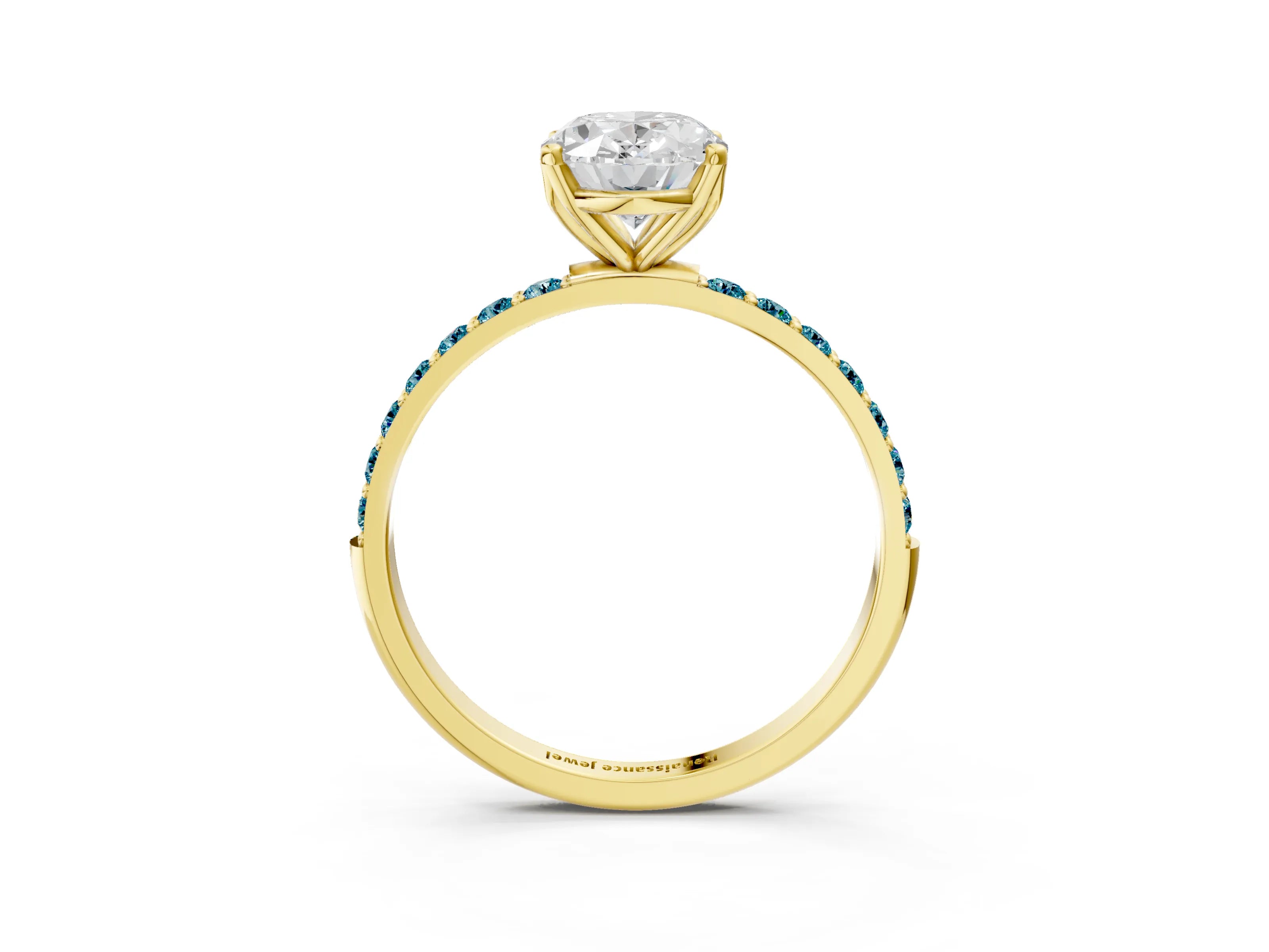 Yellow gold Oval Cut Diamond Solitaire Engagement Ring with Round with Blue Topaz side stone Pavé Band and Prong Setting_3