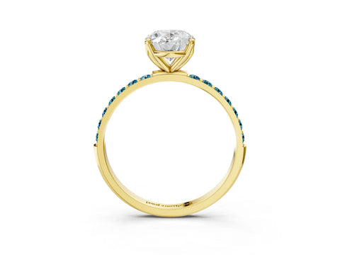 Yellow gold Oval Cut Diamond Solitaire Engagement Ring with Round with Blue Topaz side stone Pavé Band and Prong Setting_3