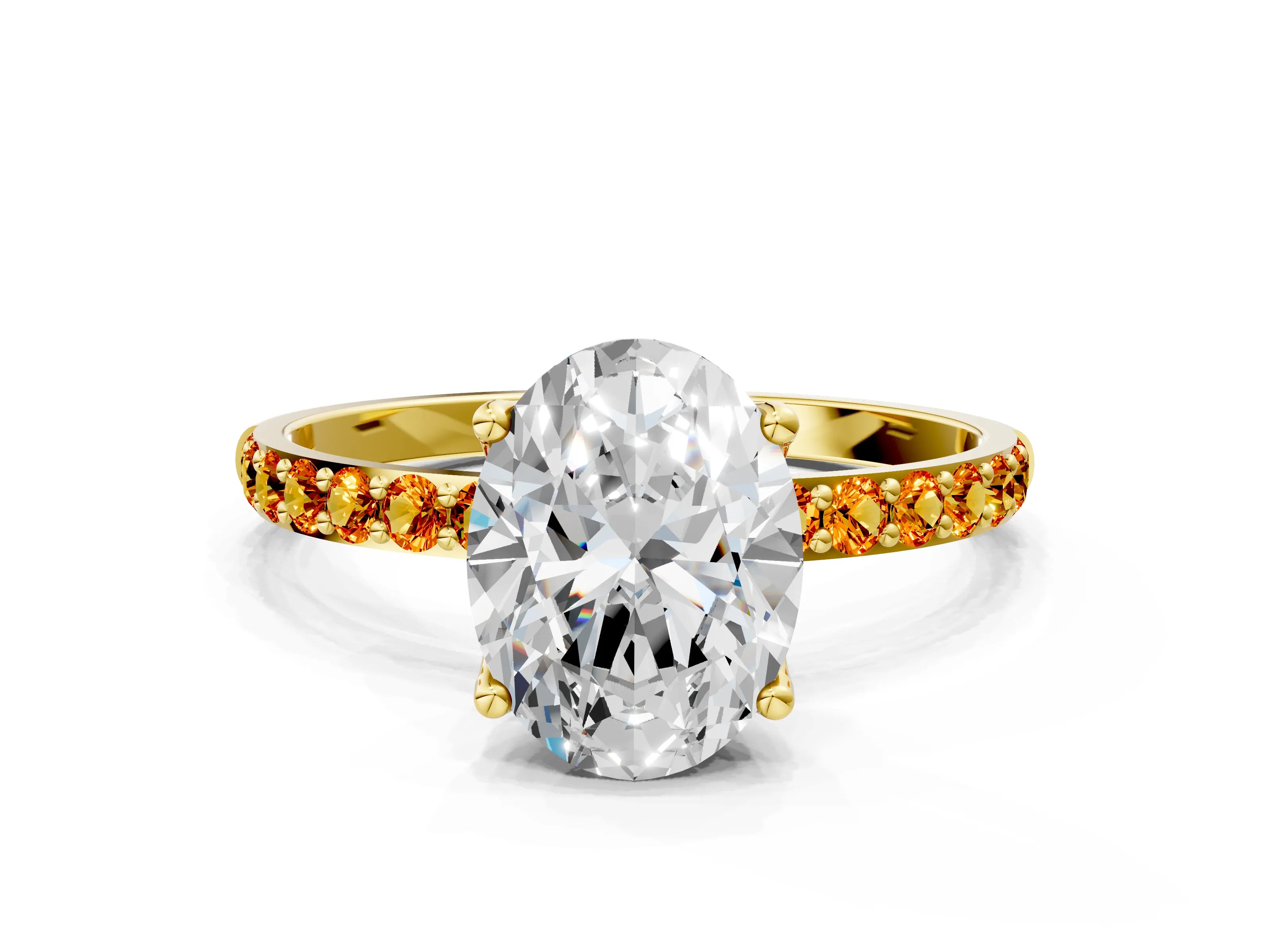Yellow gold Oval Cut Diamond Solitaire Engagement Ring with Round with Citrine side stone Pavé Band and Prong Setting