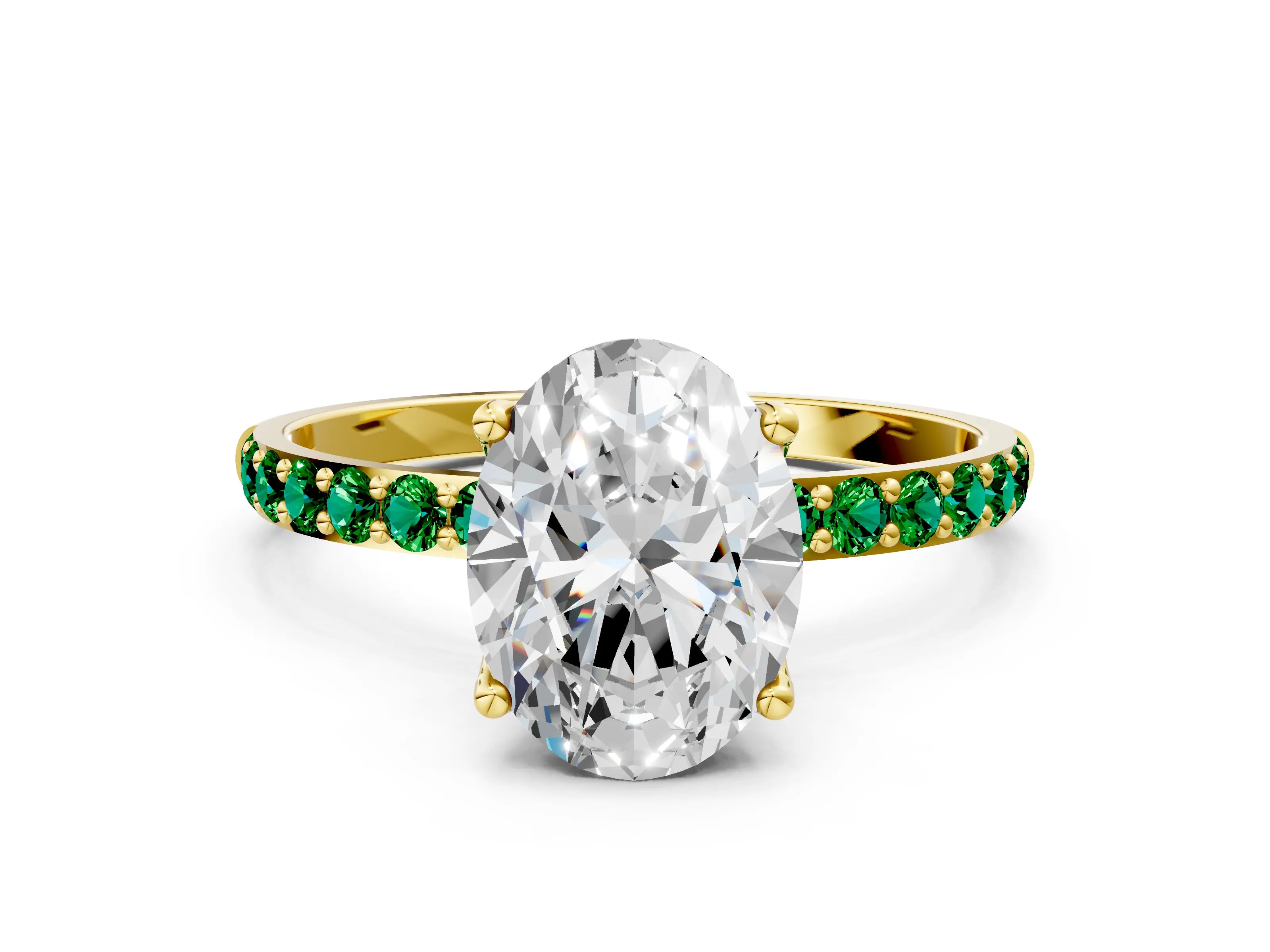 Yellow gold Oval Cut Diamond Solitaire Engagement Ring with Round with Emerald side stone Pavé Band and Prong Setting