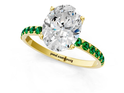 Yellow gold Oval Cut Diamond Solitaire Engagement Ring with Round with Emerald side stone Pavé Band and Prong Setting_1