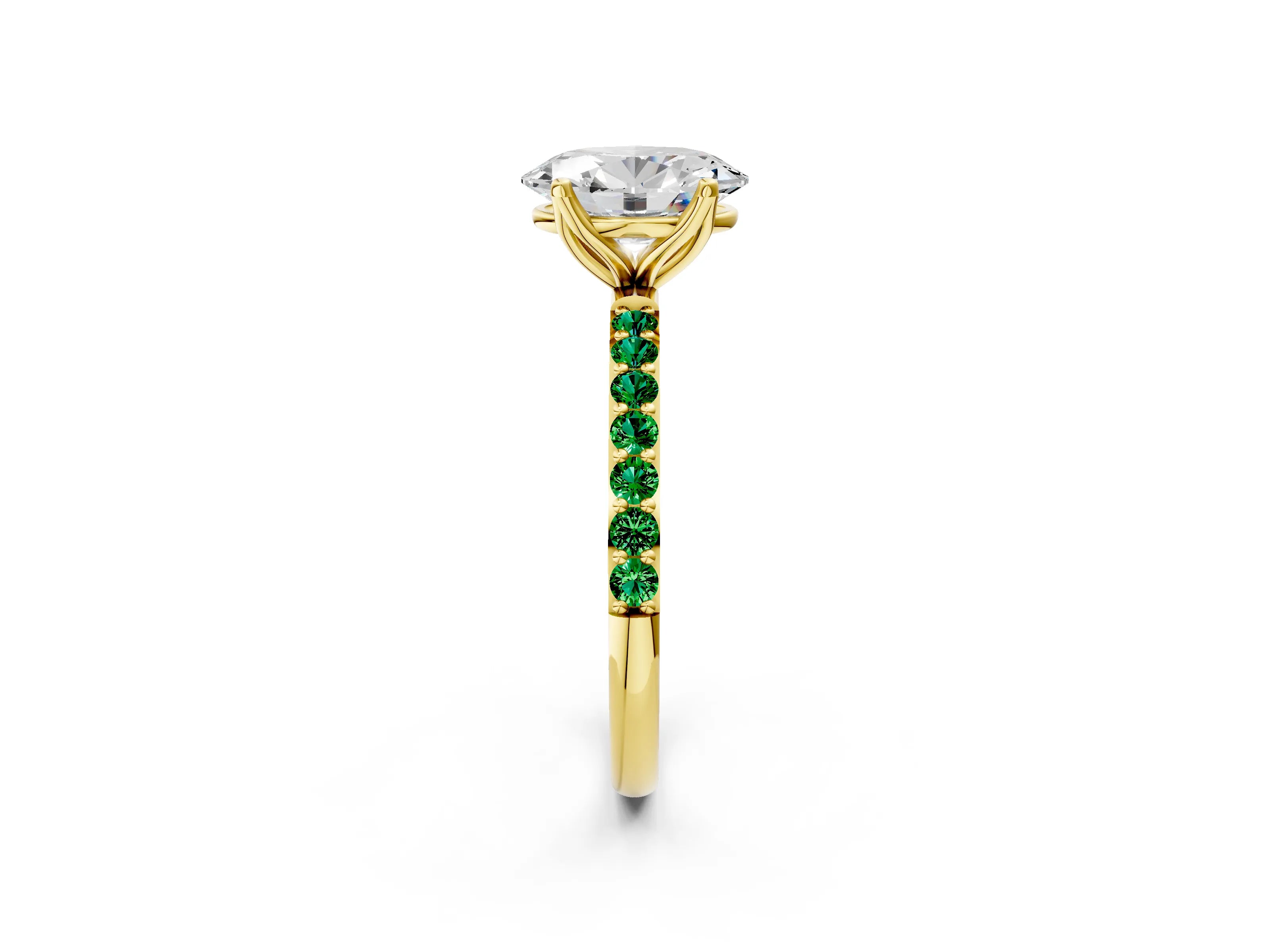 Yellow gold Oval Cut Diamond Solitaire Engagement Ring with Round with Emerald side stone Pavé Band and Prong Setting_2