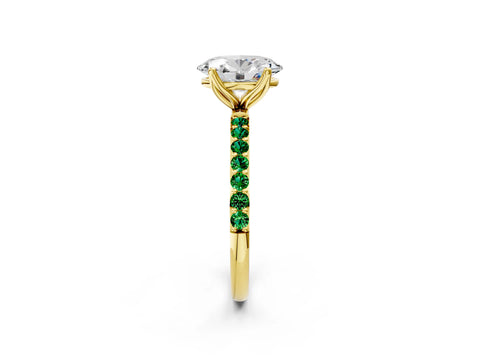 Yellow gold Oval Cut Diamond Solitaire Engagement Ring with Round with Emerald side stone Pavé Band and Prong Setting_2
