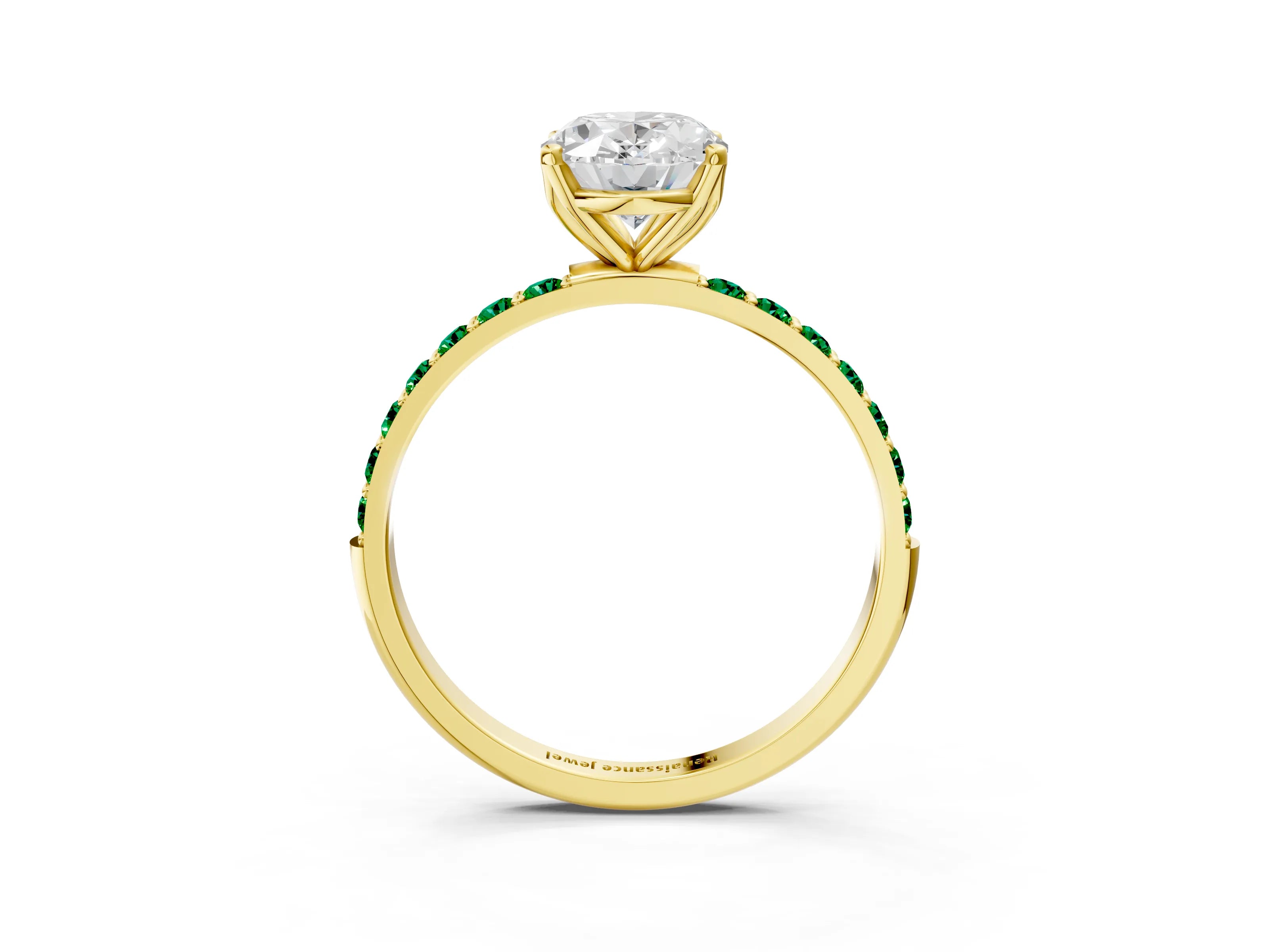 Yellow gold Oval Cut Diamond Solitaire Engagement Ring with Round with Emerald side stone Pavé Band and Prong Setting_3