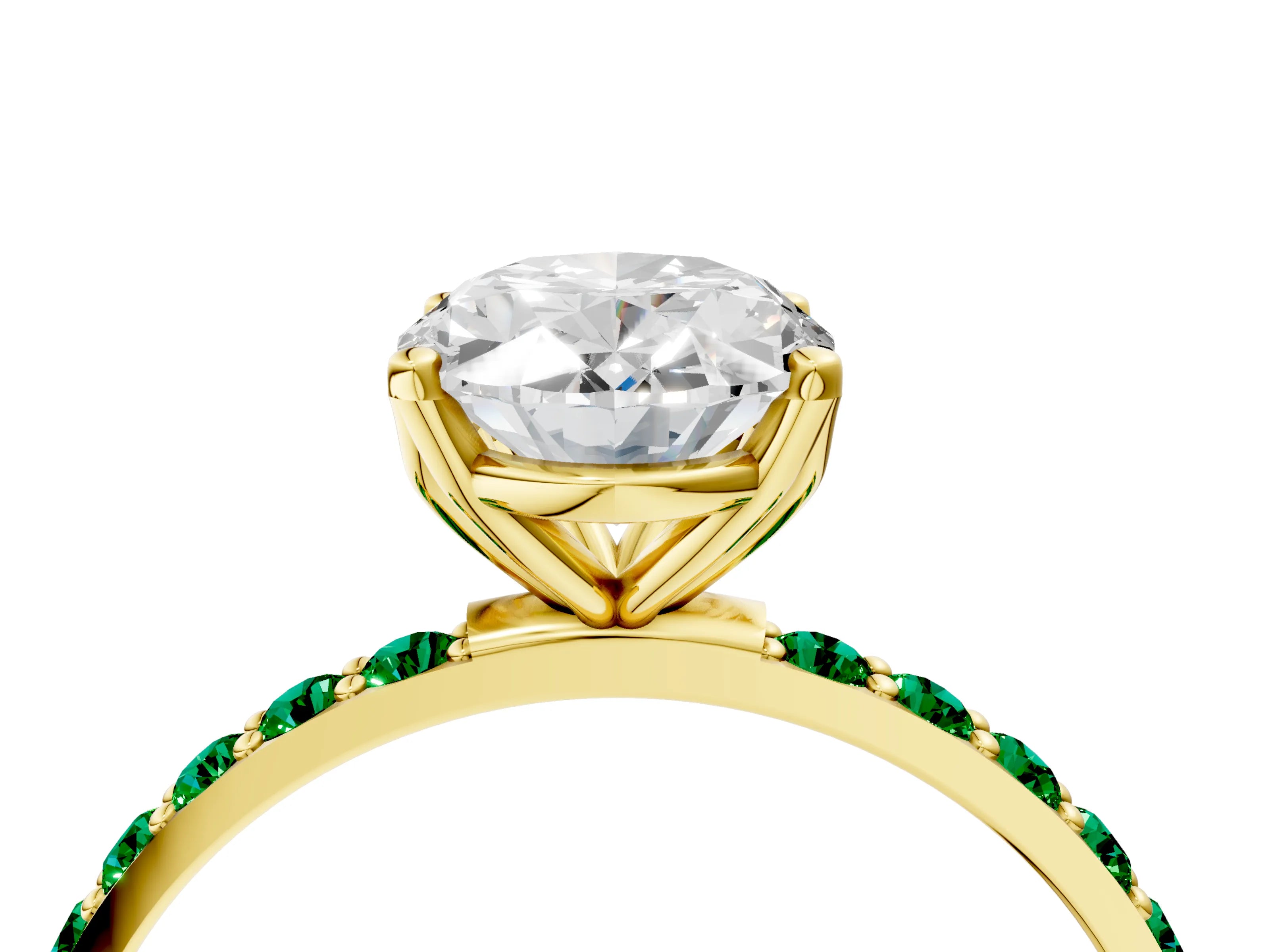 Yellow gold Oval Cut Diamond Solitaire Engagement Ring with Round with Emerald side stone Pavé Band and Prong Setting_4