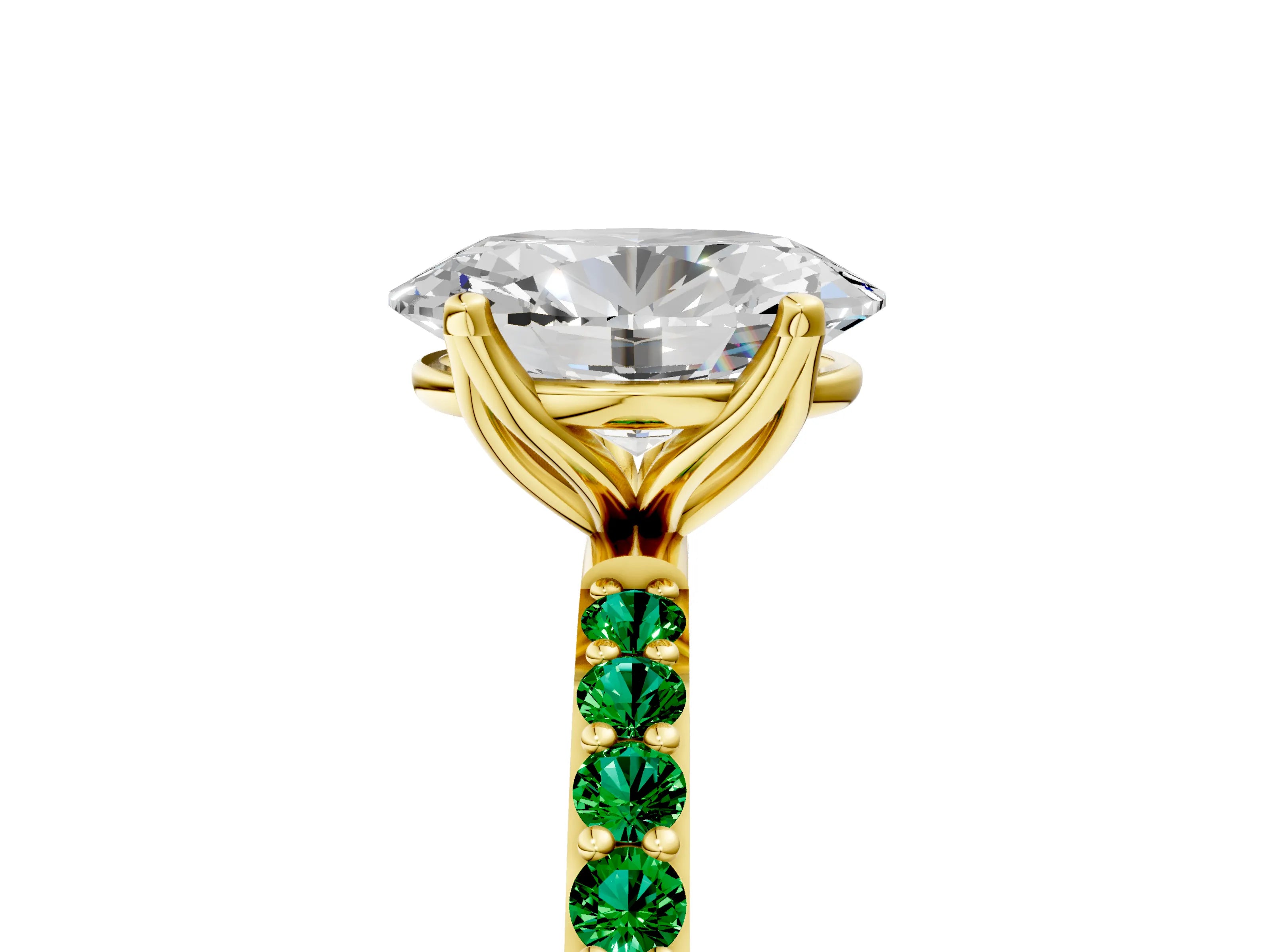 Yellow gold Oval Cut Diamond Solitaire Engagement Ring with Round with Emerald side stone Pavé Band and Prong Setting_5