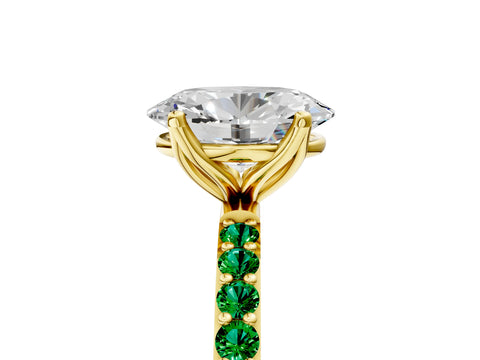 Yellow gold Oval Cut Diamond Solitaire Engagement Ring with Round with Emerald side stone Pavé Band and Prong Setting_5