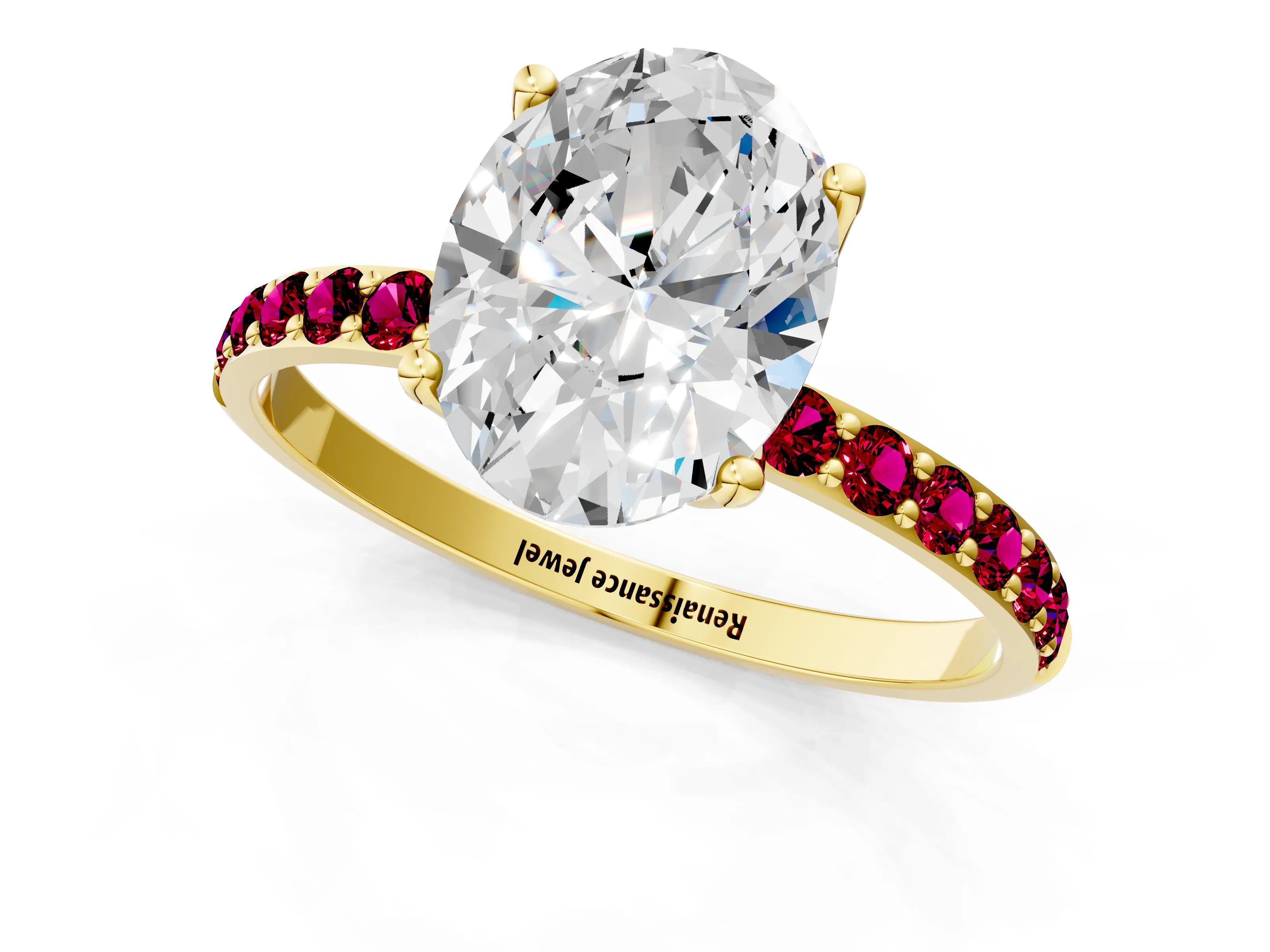 Yellow gold Oval Cut Diamond Solitaire Engagement Ring with Round with Garnet side stone Pavé Band and Prong Setting_1