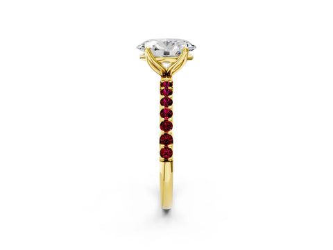 Yellow gold Oval Cut Diamond Solitaire Engagement Ring with Round with Garnet side stone Pavé Band and Prong Setting_2