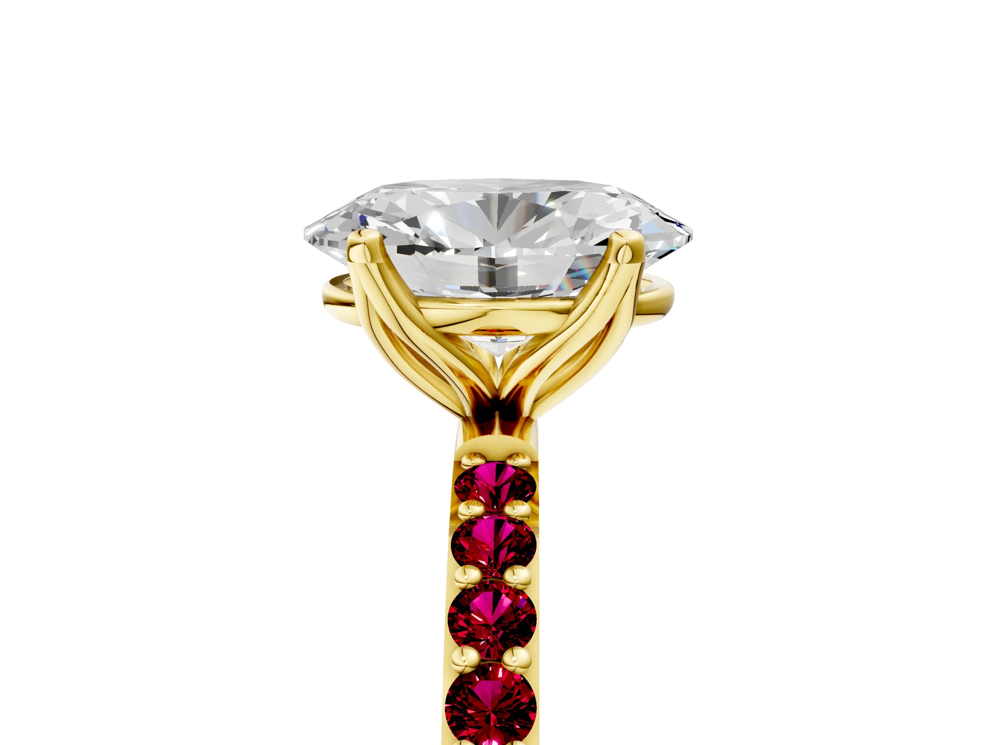 Yellow gold Oval Cut Diamond Solitaire Engagement Ring with Round with Garnet side stone Pavé Band and Prong Setting_5