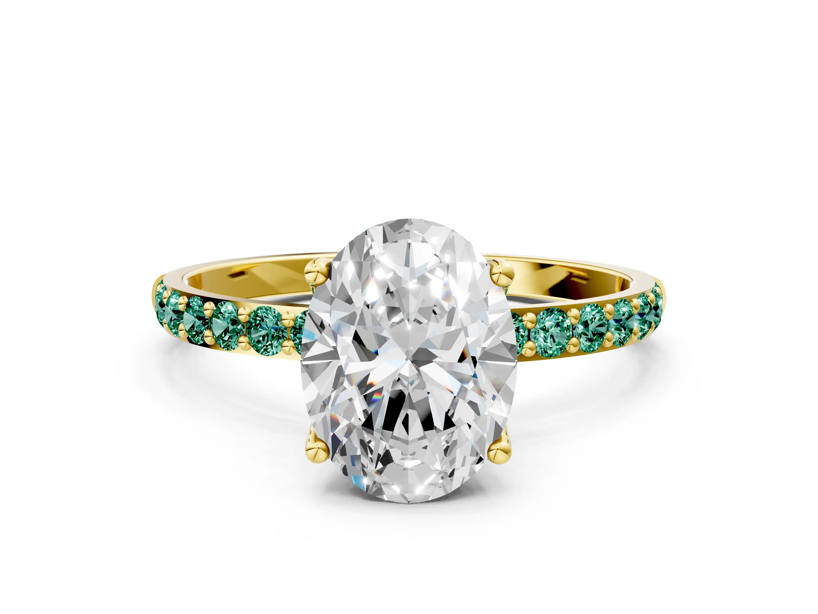 Yellow gold Oval Cut Diamond Solitaire Engagement Ring with Round with Green Sapphire side stone Pavé Band and Prong Setting