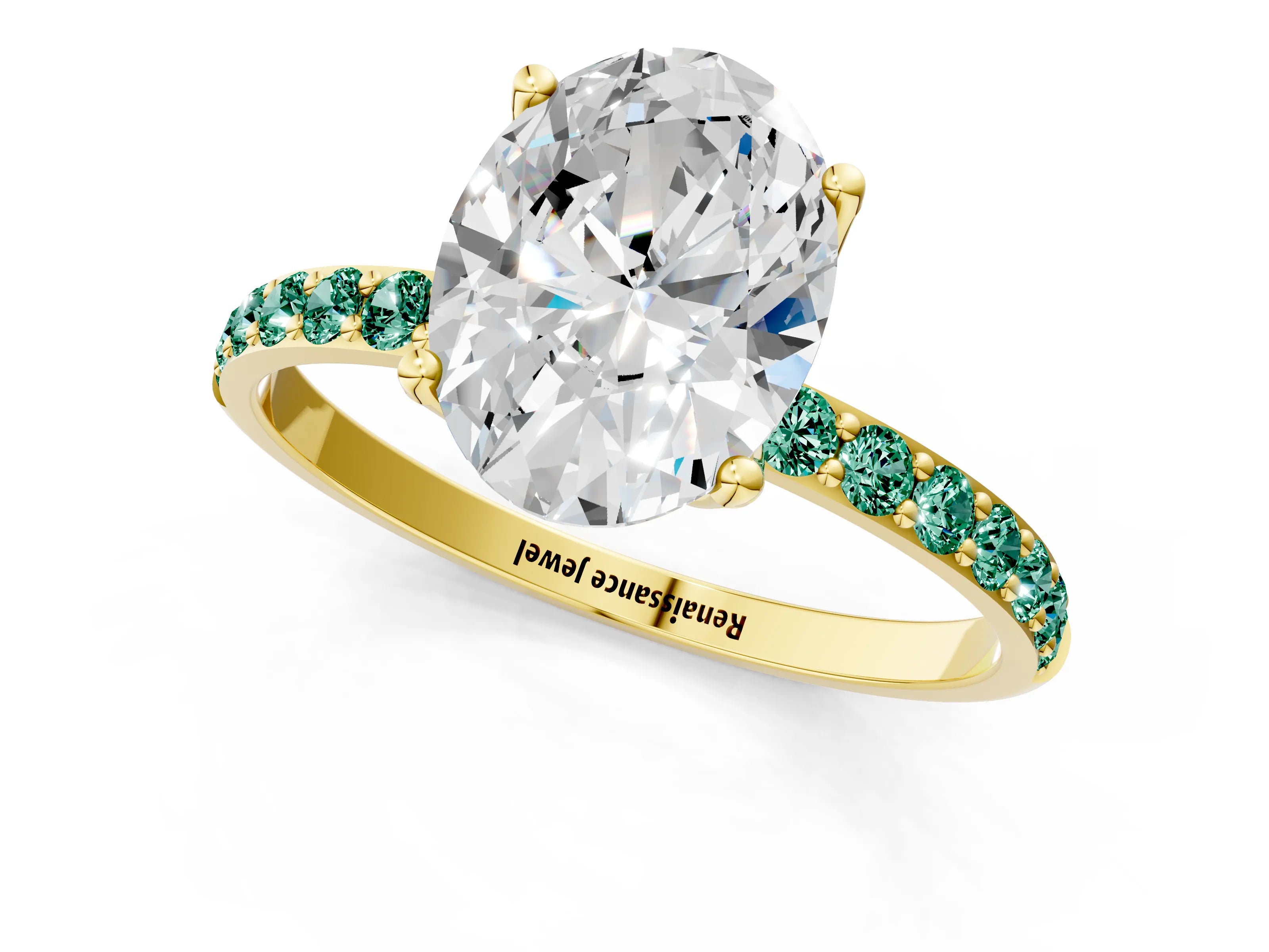Yellow gold Oval Cut Diamond Solitaire Engagement Ring with Round with Green Sapphire side stone Pavé Band and Prong Setting_1