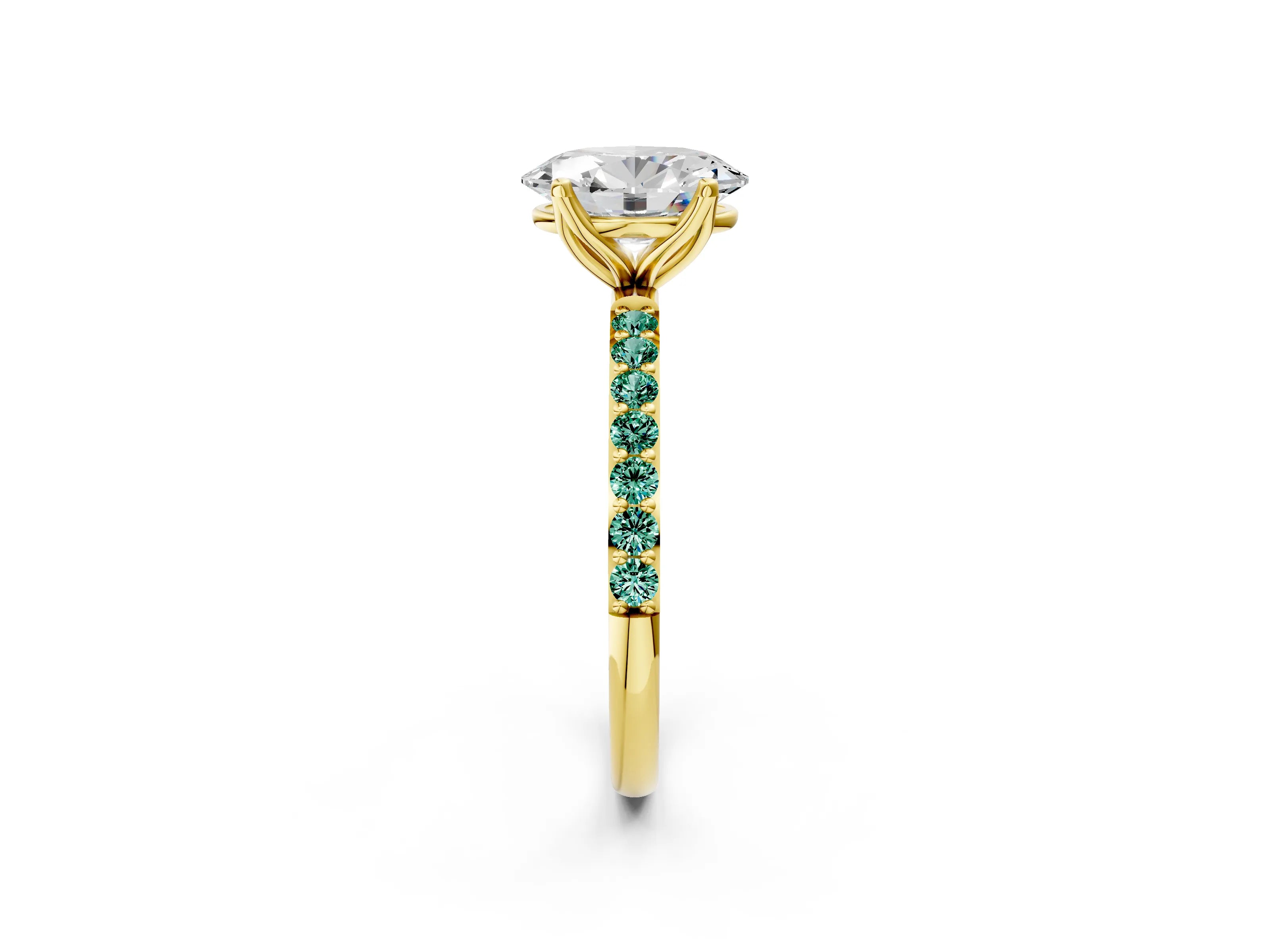 Yellow gold Oval Cut Diamond Solitaire Engagement Ring with Round with Green Sapphire side stone Pavé Band and Prong Setting_2
