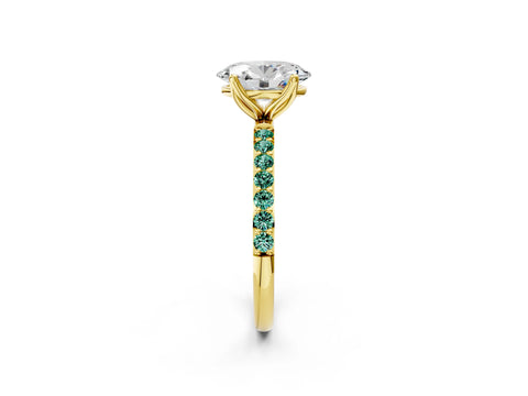 Yellow gold Oval Cut Diamond Solitaire Engagement Ring with Round with Green Sapphire side stone Pavé Band and Prong Setting_2