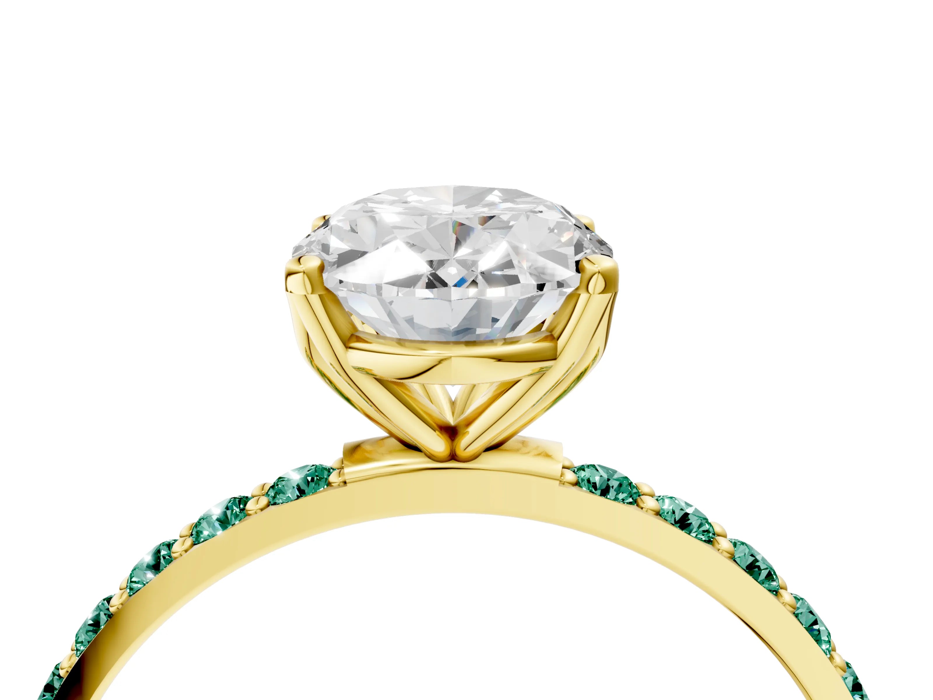 Yellow gold Oval Cut Diamond Solitaire Engagement Ring with Round with Green Sapphire side stone Pavé Band and Prong Setting_4