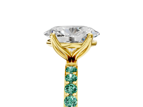 Yellow gold Oval Cut Diamond Solitaire Engagement Ring with Round with Green Sapphire side stone Pavé Band and Prong Setting_5