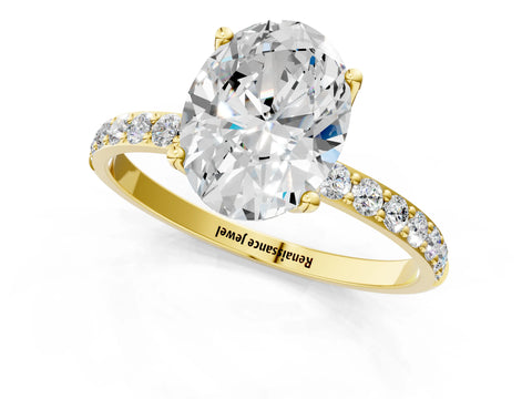 Yellow gold Oval Cut Diamond Solitaire Engagement Ring with Round with Moissanite side stone Pavé Band and Prong Setting_1