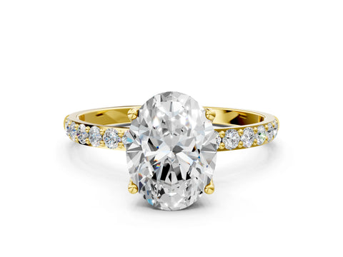 Yellow gold Oval Cut Diamond Solitaire Engagement Ring with Round with Moissanite side stone Pavé Band and Prong Setting