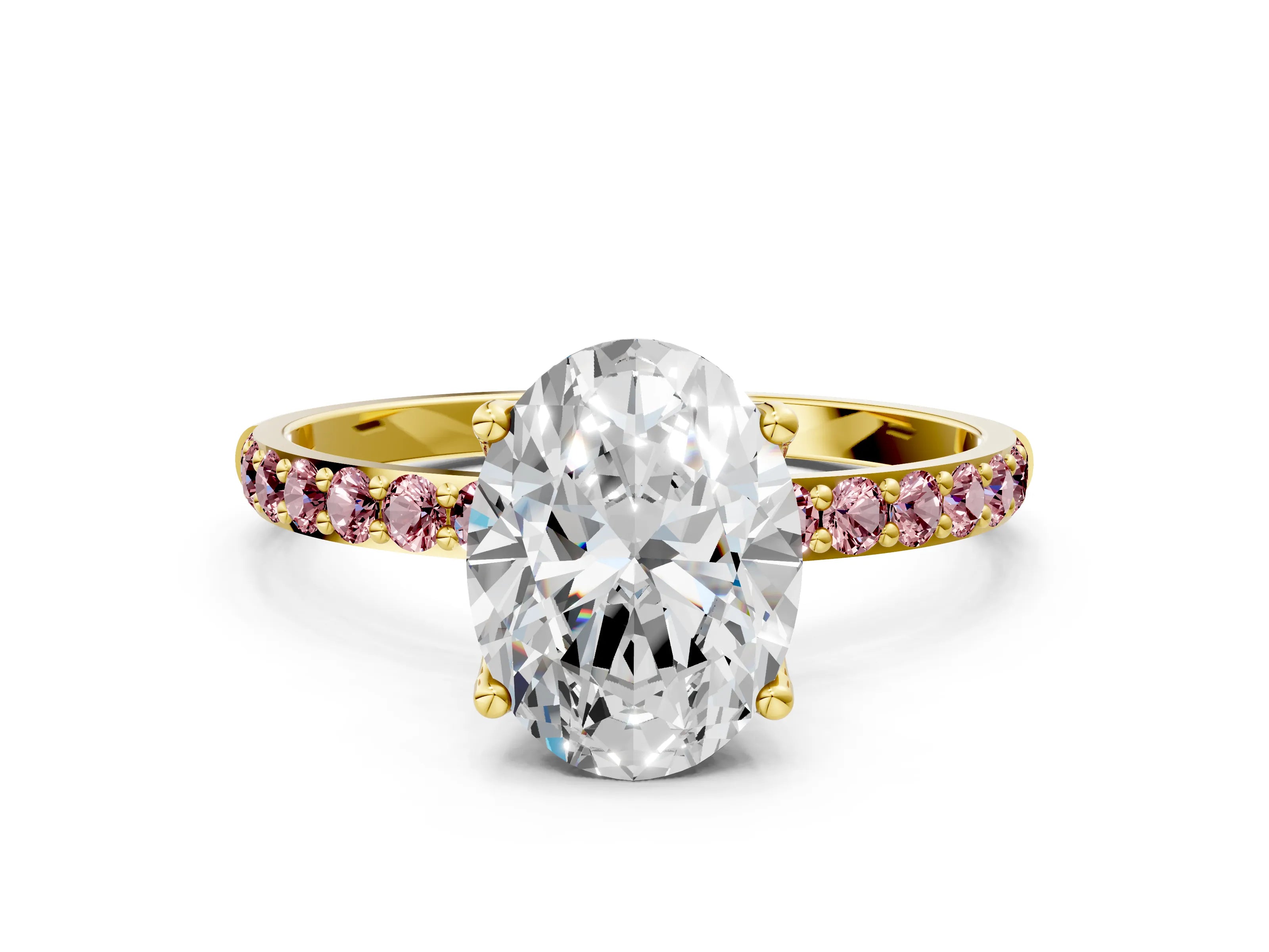 Yellow gold Oval Cut Diamond Solitaire Engagement Ring with Round with Morganite side stone Pavé Band and Prong Setting