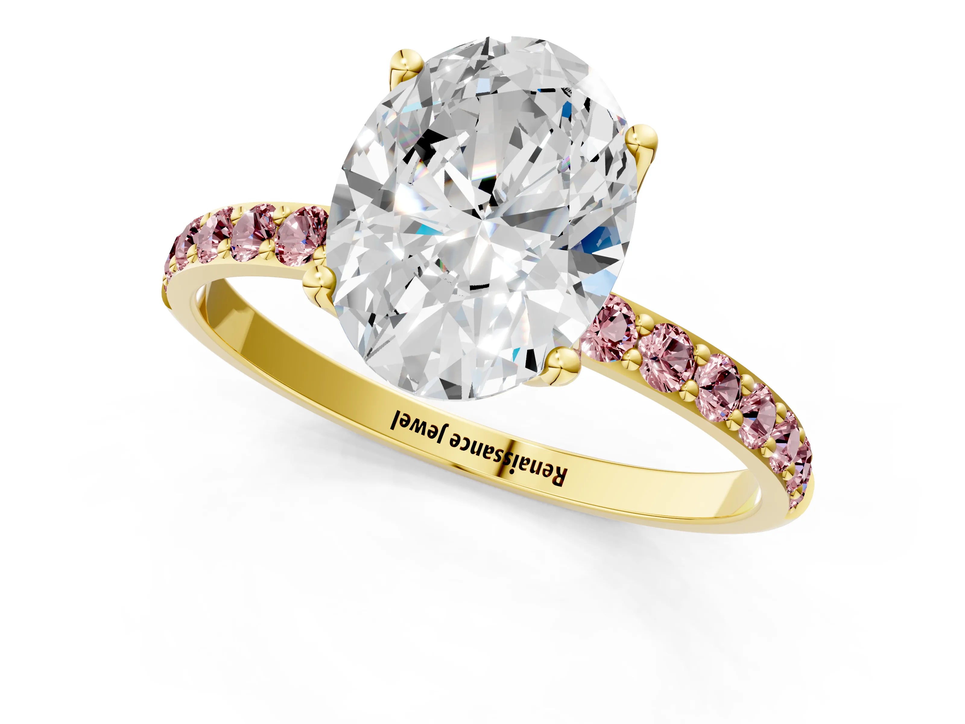 Yellow gold Oval Cut Diamond Solitaire Engagement Ring with Round with Morganite side stone Pavé Band and Prong Setting_1
