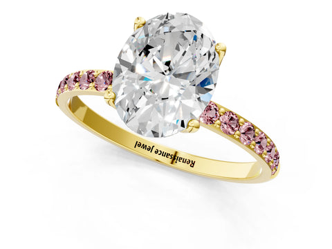 Yellow gold Oval Cut Diamond Solitaire Engagement Ring with Round with Morganite side stone Pavé Band and Prong Setting_1