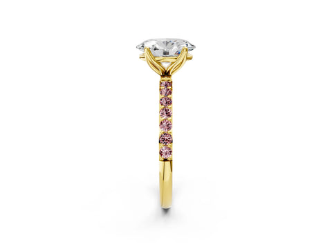 Yellow gold Oval Cut Diamond Solitaire Engagement Ring with Round with Morganite side stone Pavé Band and Prong Setting_2