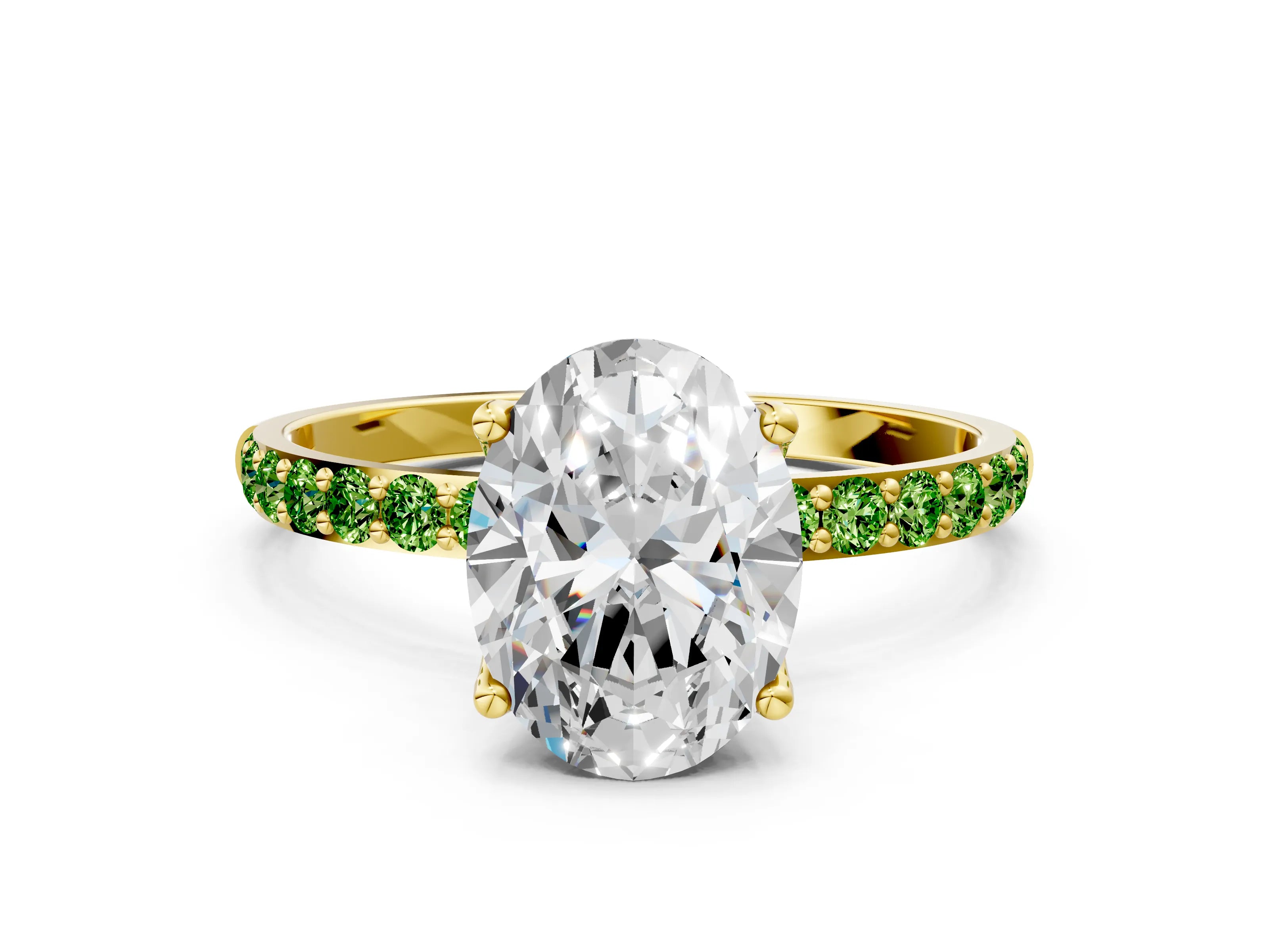Yellow gold Oval Cut Diamond Solitaire Engagement Ring with Round with Peridot side stone Pavé Band and Prong Setting
